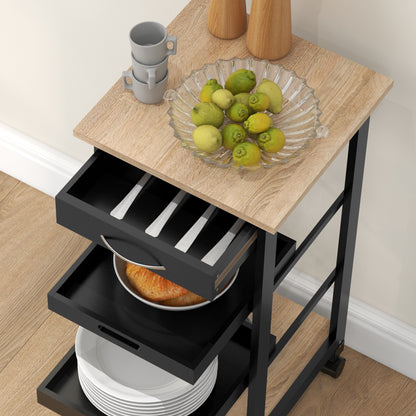 Kitchen Trolley Service Trolley with Wheels 2 Removable Trays, Drawer, Shelf Light Oak Pine Wood Black