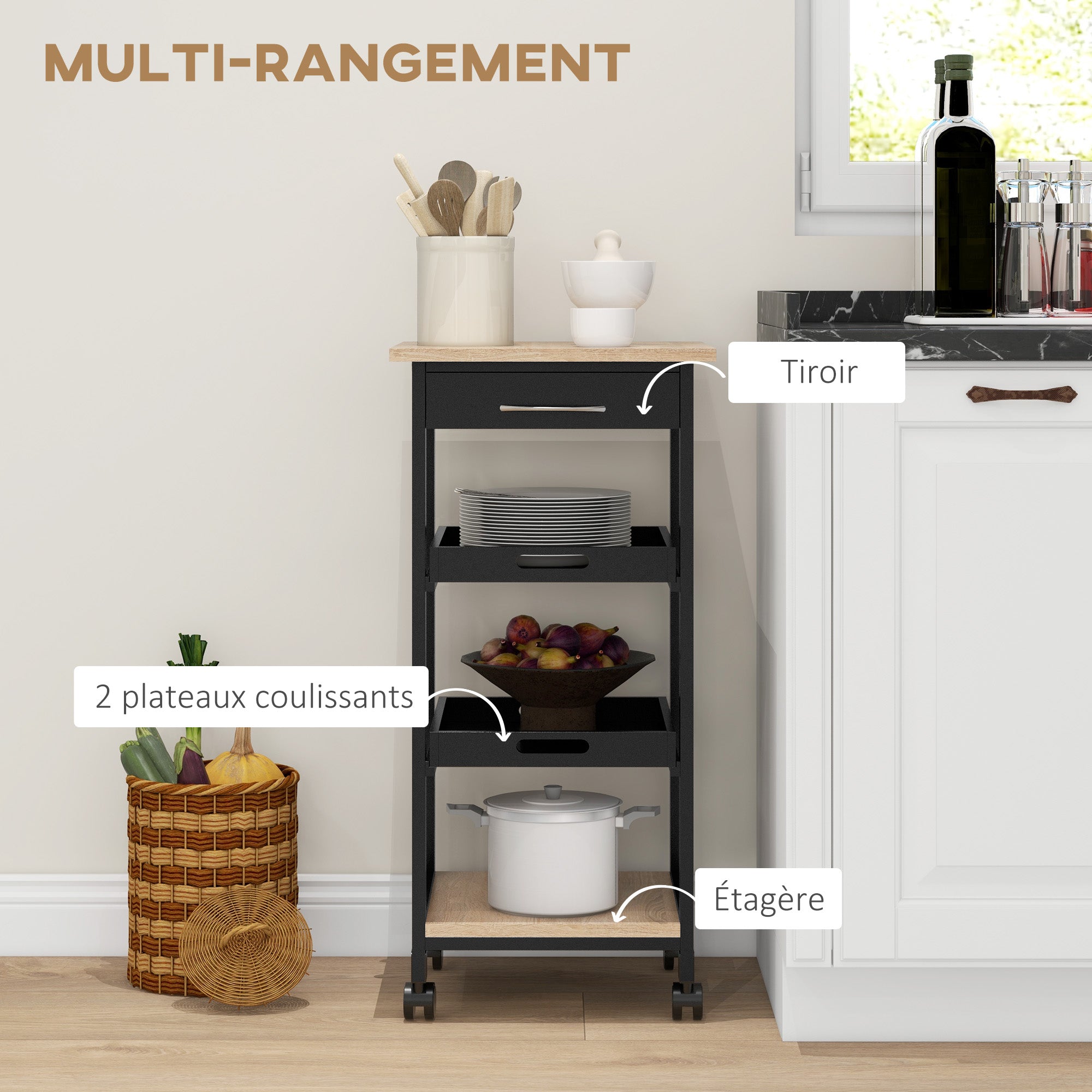 Kitchen Trolley Service Trolley with Wheels 2 Removable Trays, Drawer, Shelf Light Oak Pine Wood Black
