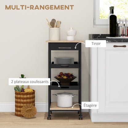 Kitchen Trolley Service Trolley with Wheels 2 Removable Trays, Drawer, Shelf Light Oak Pine Wood Black