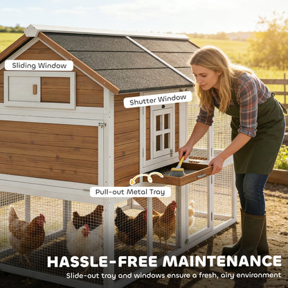 Chicken Coop with Run & Nest Box for 4 Hens, 200 x 104 x 145 cm Wooden Hen House with Removable Tray, Waterproof Asphalt Roof, Ramp, Brown