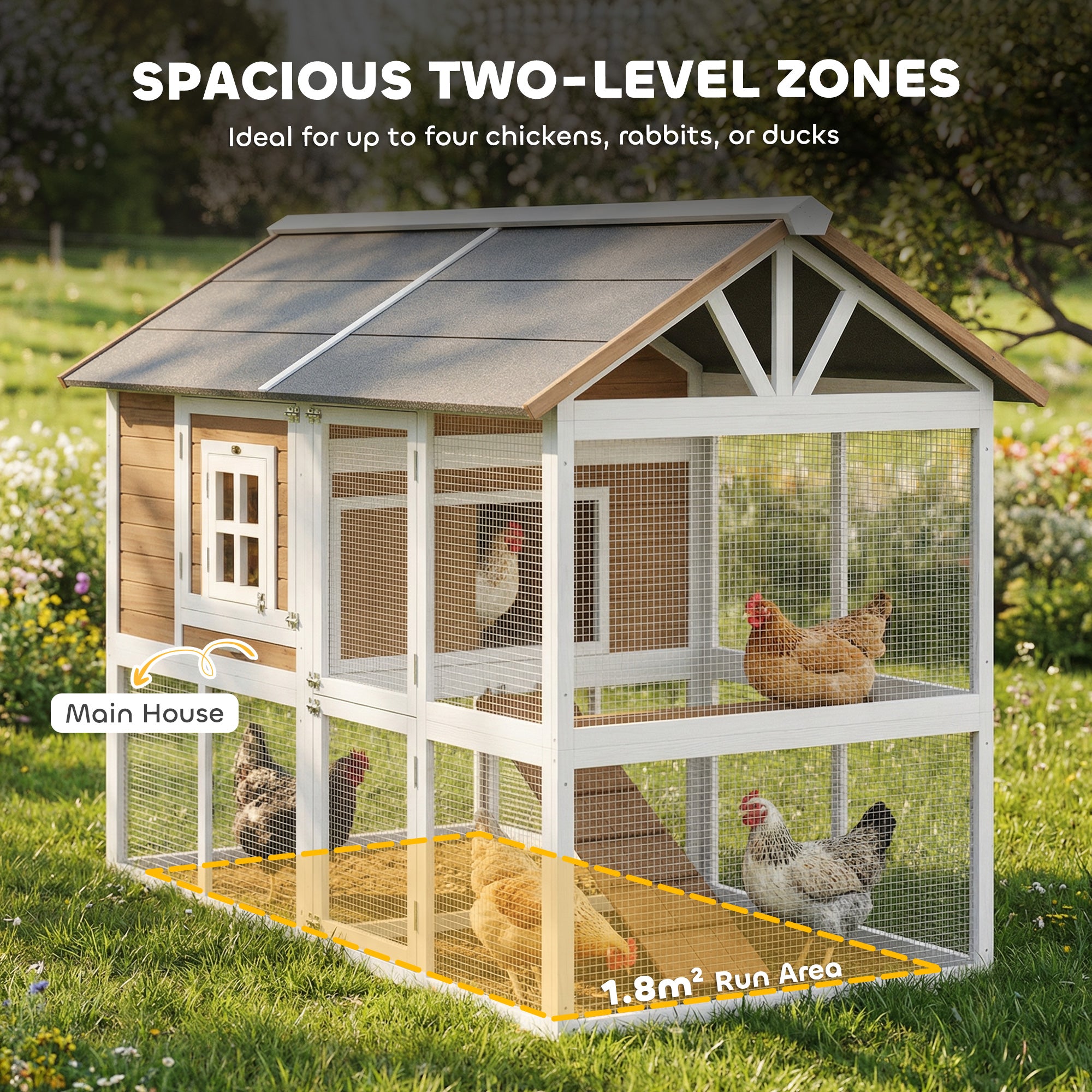 Chicken Coop with Run & Nest Box for 4 Hens, 200 x 104 x 145 cm Wooden Hen House with Removable Tray, Waterproof Asphalt Roof, Ramp, Brown