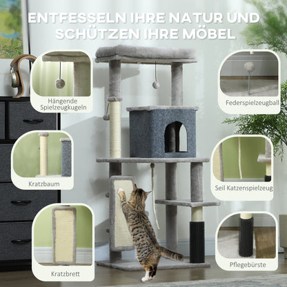Scratching Post 132 cm Cat Tree with Cat Cave, Play Ball, Cat Scratching Post with Sisal Scratching Columns, for Cats up to 6 kg, Light Gray
