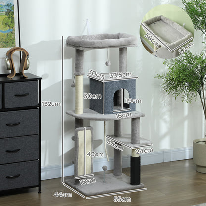 Scratching Post 132 cm Cat Tree with Cat Cave, Play Ball, Cat Scratching Post with Sisal Scratching Columns, for Cats up to 6 kg, Light Gray