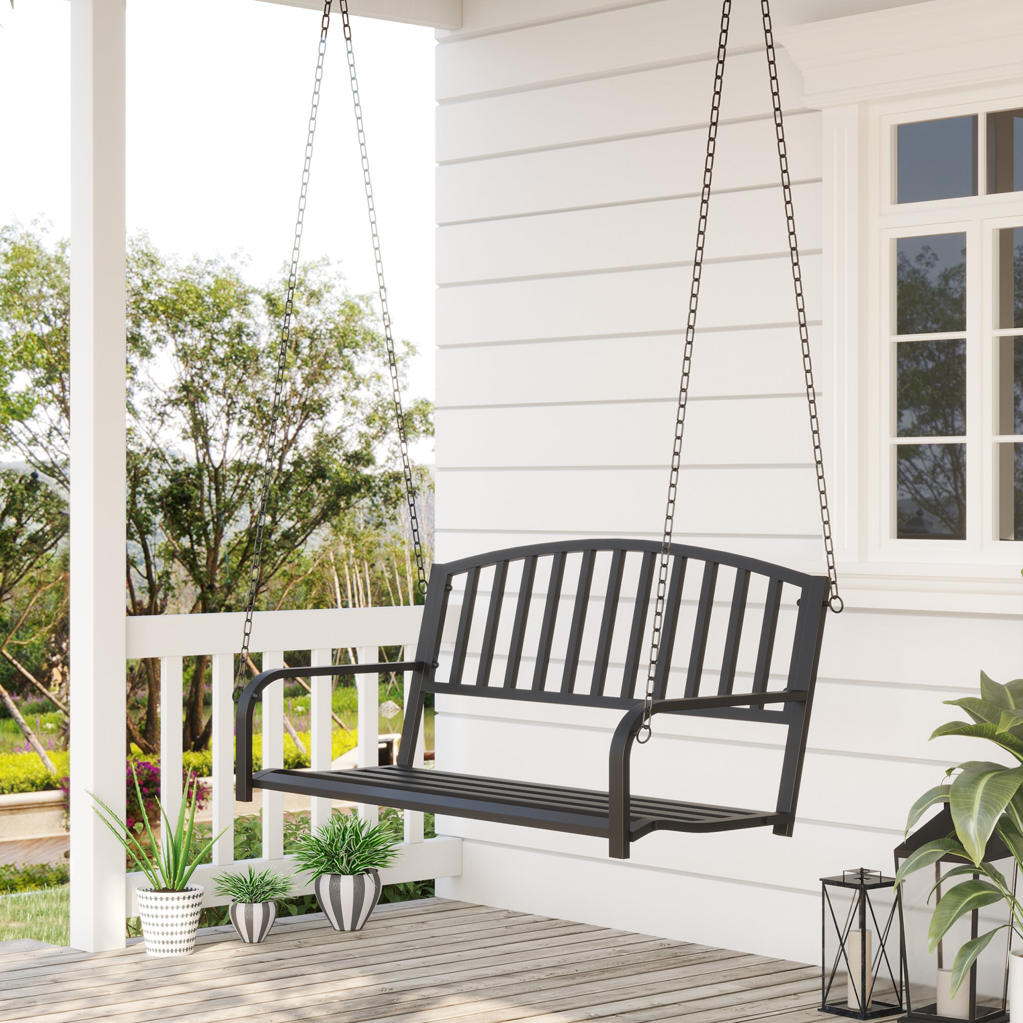 Hanging Bench 2-Seater Garden Swing Swing Bench Hollywood Swing Suspended Bench with Chains Metal Black 127 x 60 x 53 cm