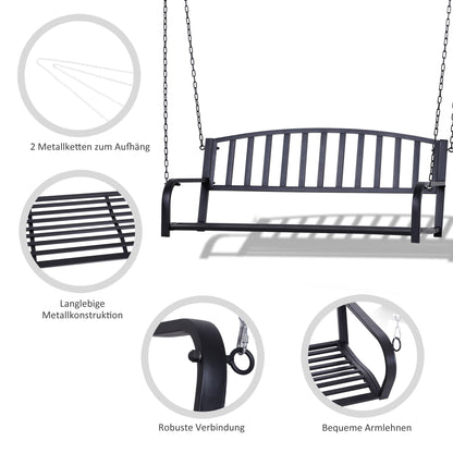Hanging Bench 2-Seater Garden Swing Swing Bench Hollywood Swing Suspended Bench with Chains Metal Black 127 x 60 x 53 cm