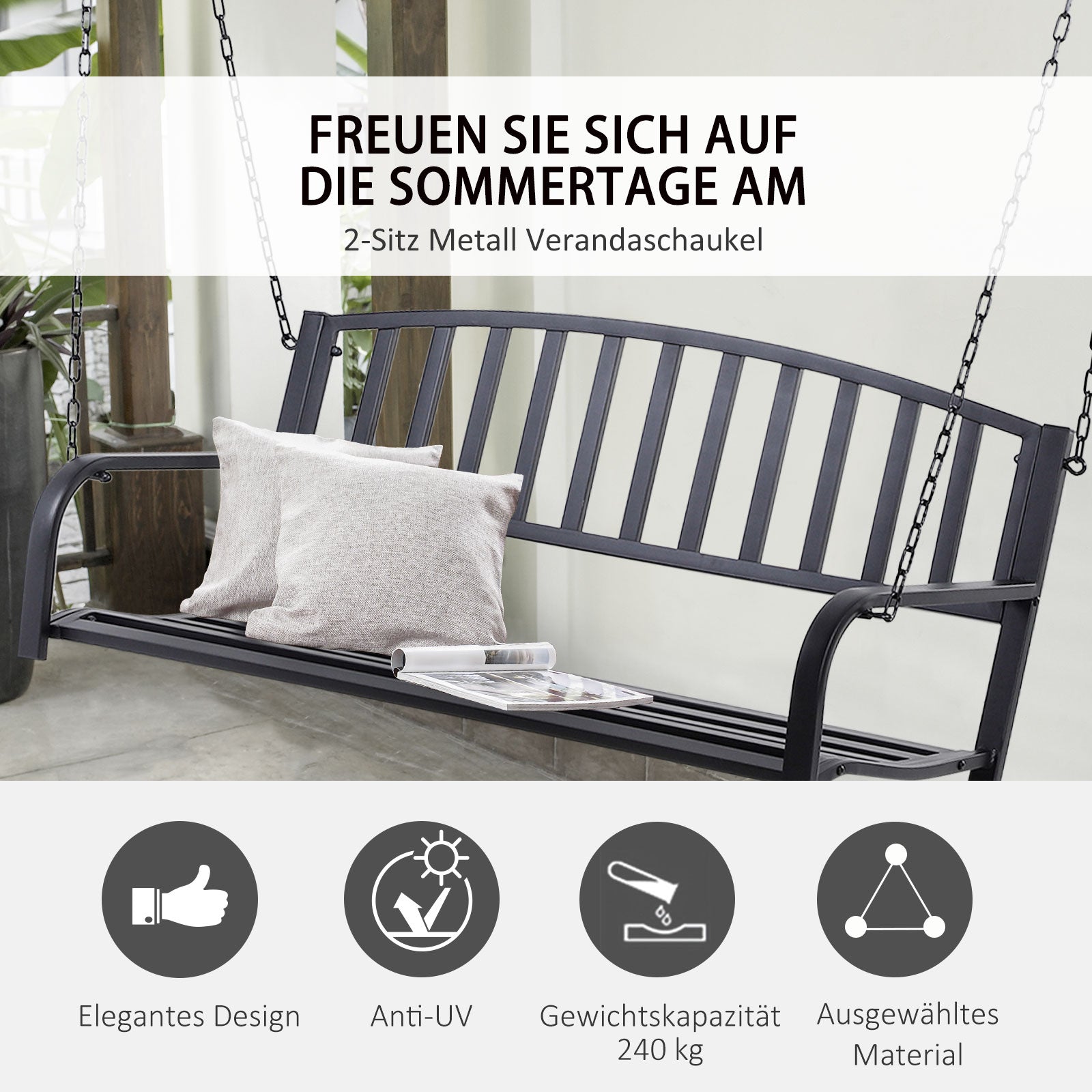 Hanging Bench 2-Seater Garden Swing Swing Bench Hollywood Swing Suspended Bench with Chains Metal Black 127 x 60 x 53 cm