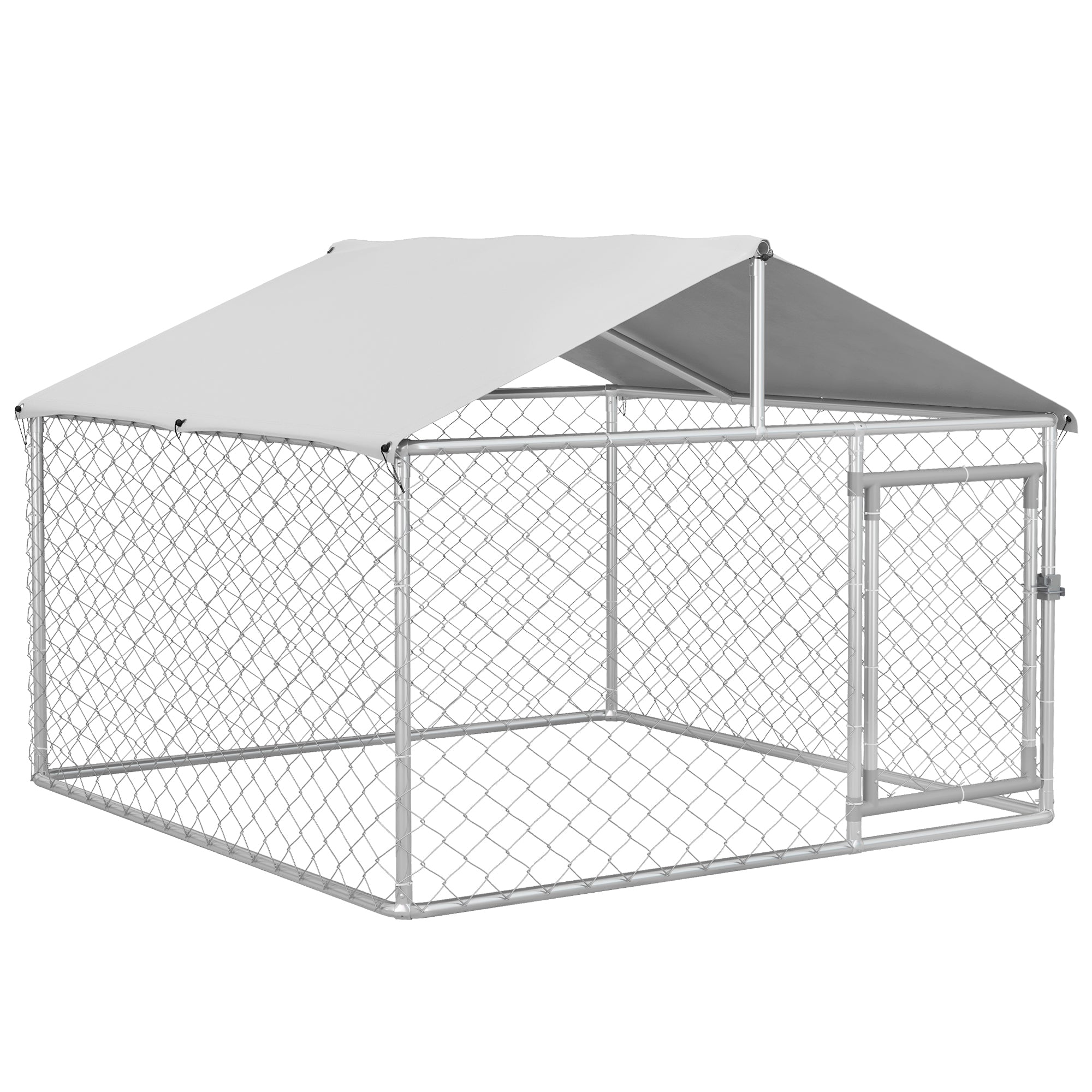 Outdoor Dog Kennel, Animal Enclosure with Waterproof Cover, 200x200x150cm, Silver and Grey