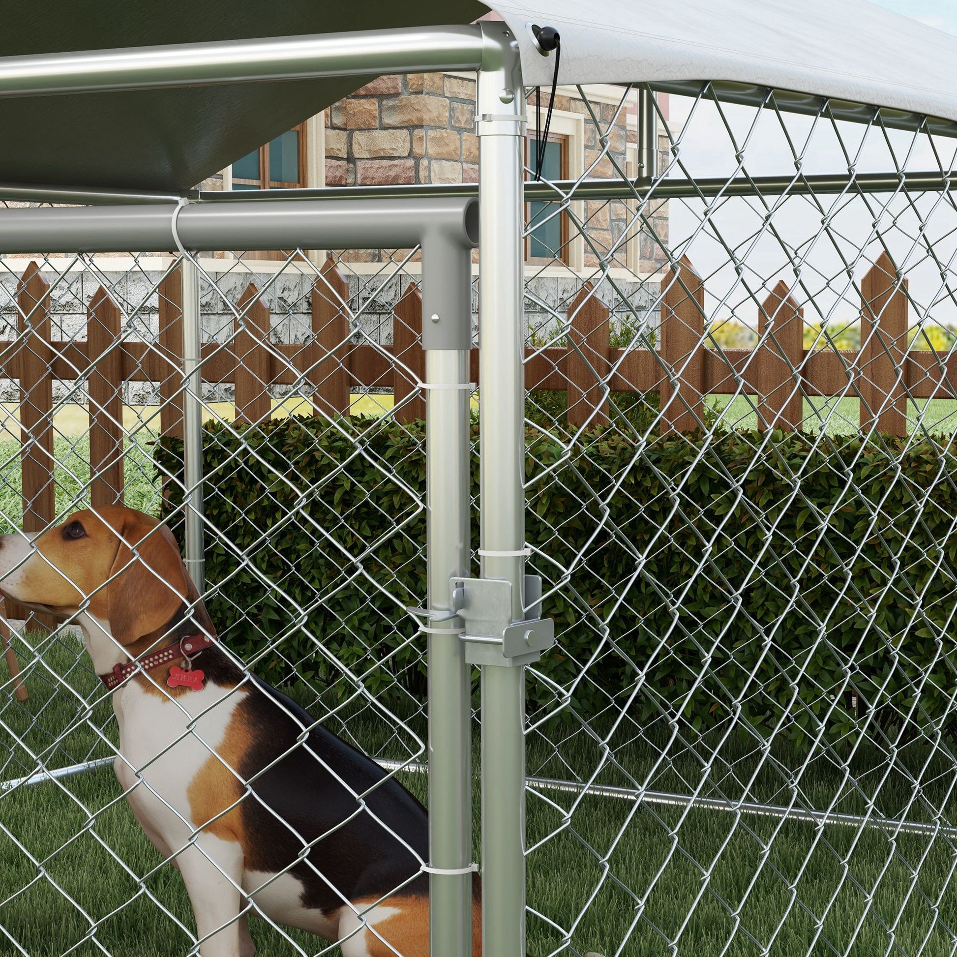 Outdoor Dog Kennel, Animal Enclosure with Waterproof Cover, 200x200x150cm, Silver and Grey