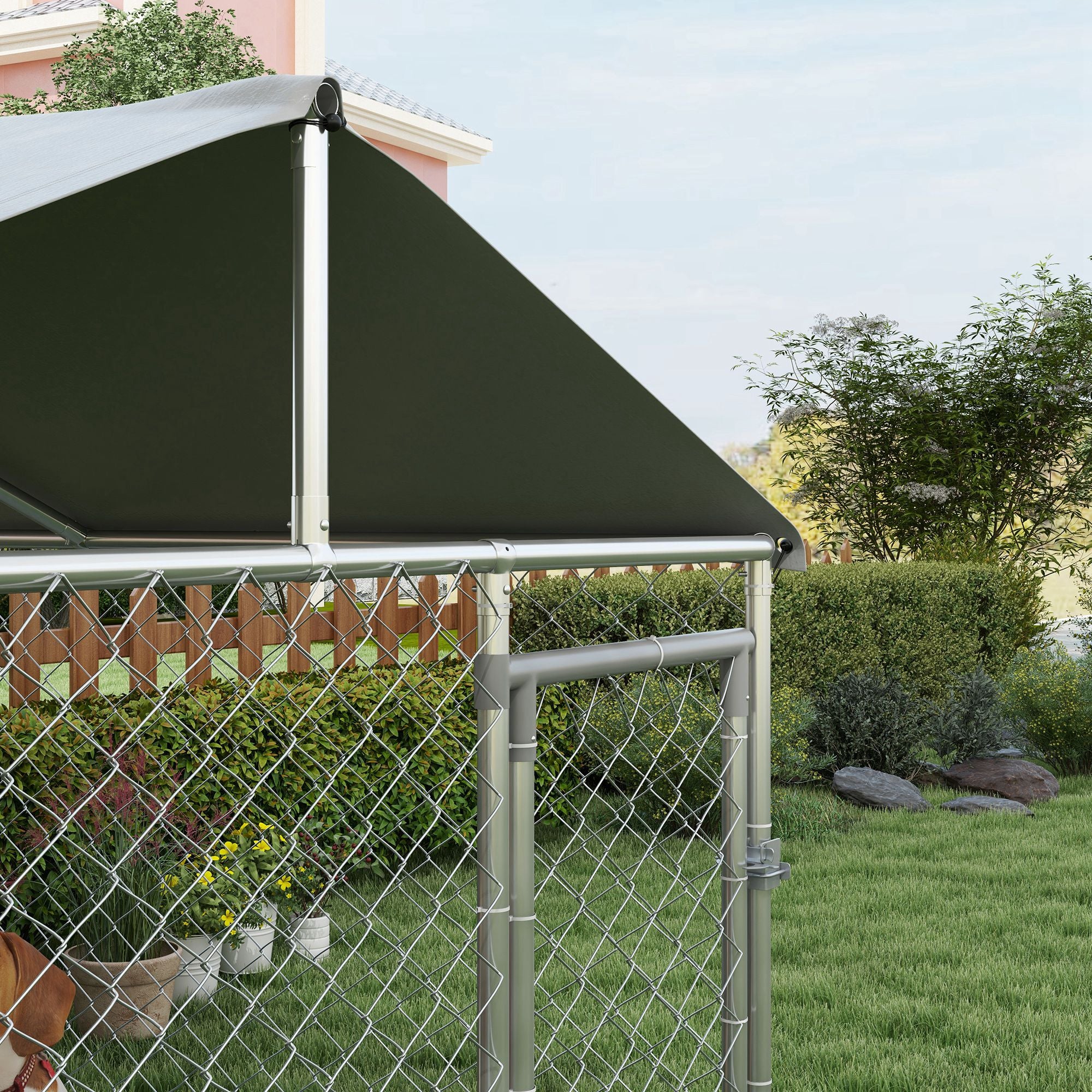 Outdoor Dog Kennel, Animal Enclosure with Waterproof Cover, 200x200x150cm, Silver and Grey