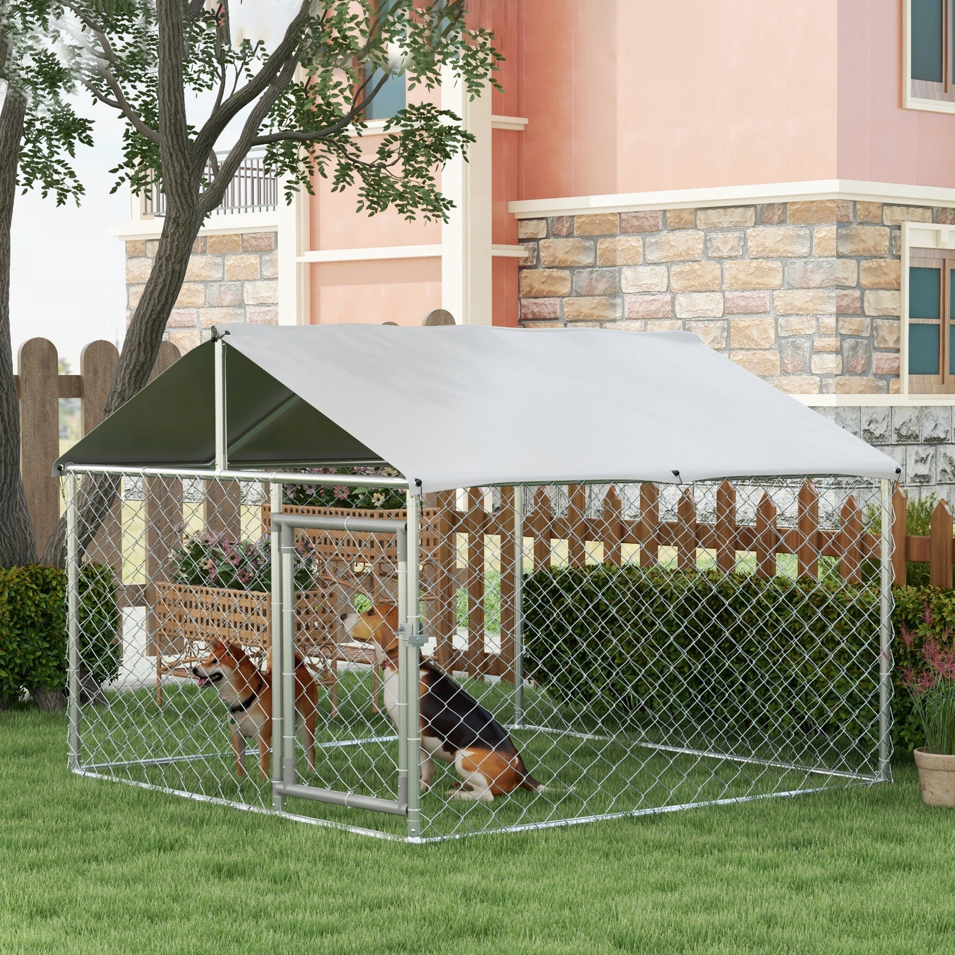 Outdoor Dog Kennel, Animal Enclosure with Waterproof Cover, 200x200x150cm, Silver and Grey