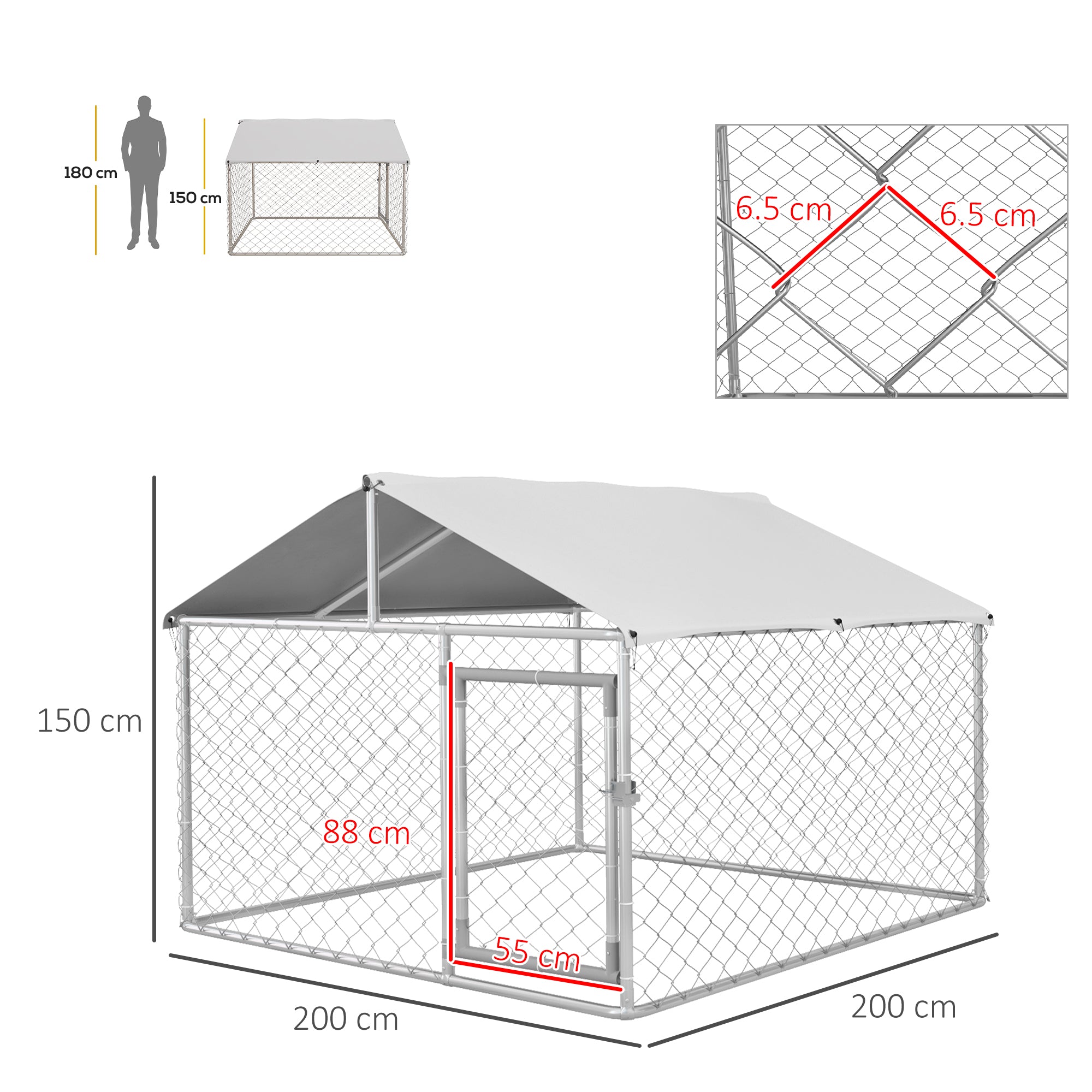 Outdoor Dog Kennel, Animal Enclosure with Waterproof Cover, 200x200x150cm, Silver and Grey
