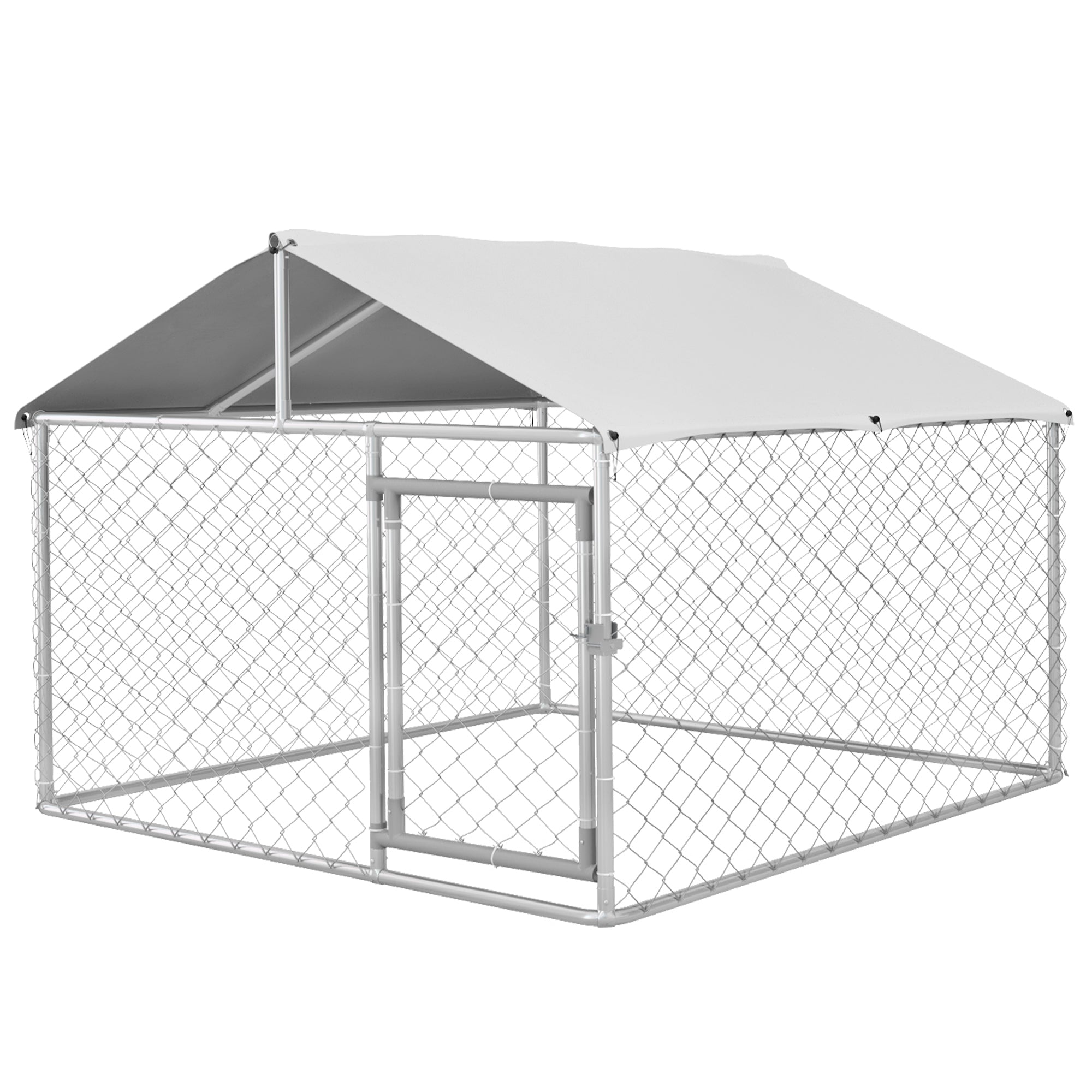 Outdoor Dog Kennel, Animal Enclosure with Waterproof Cover, 200x200x150cm, Silver and Grey