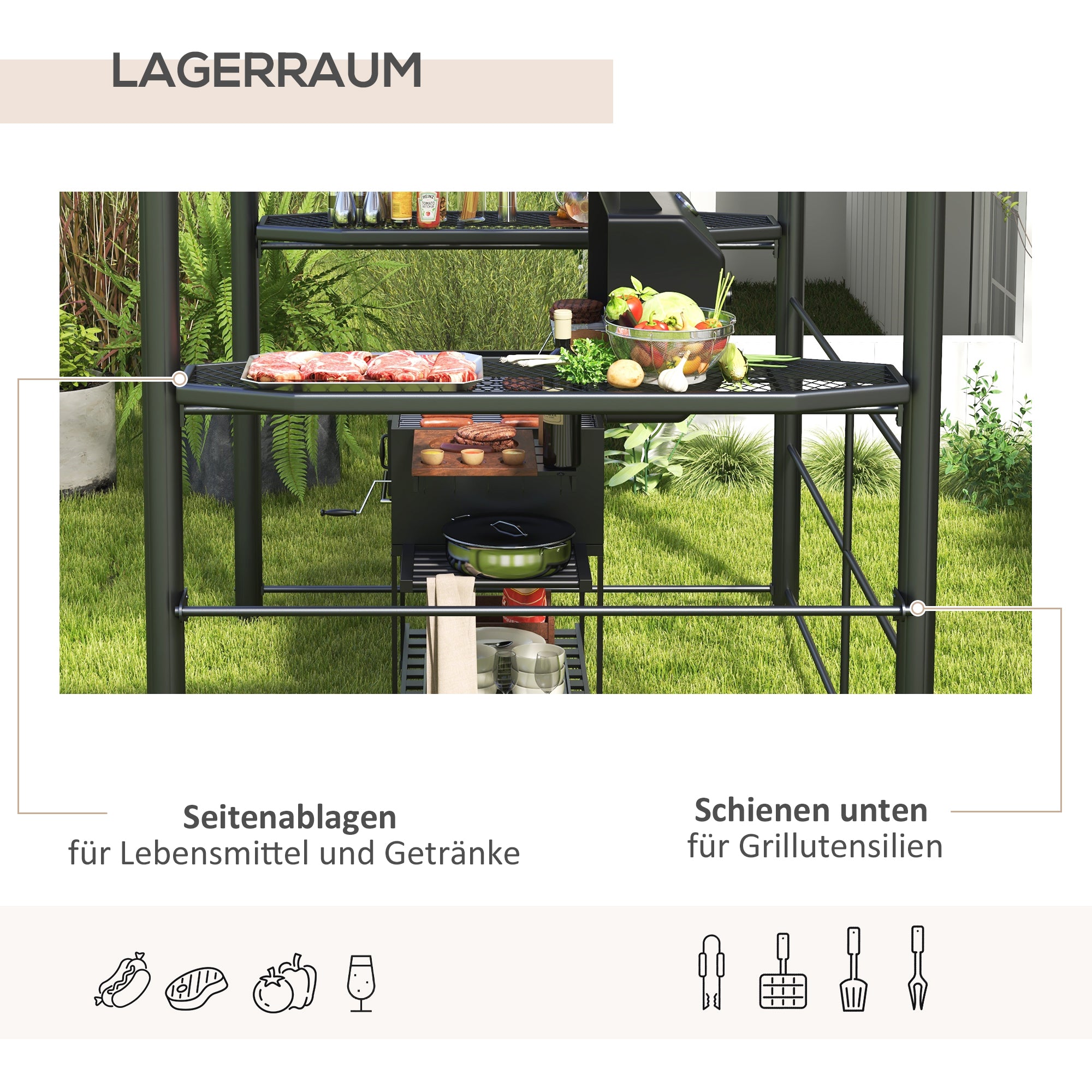 Grill Gazebo with Flame-Retardant Roof, BBQ Gazebo with 2 Shelves, Grill Canopy with UV Protection, Pergola for Garden, Balcony, Steel PC Dark Gray, 240 x 150 x 230 cm