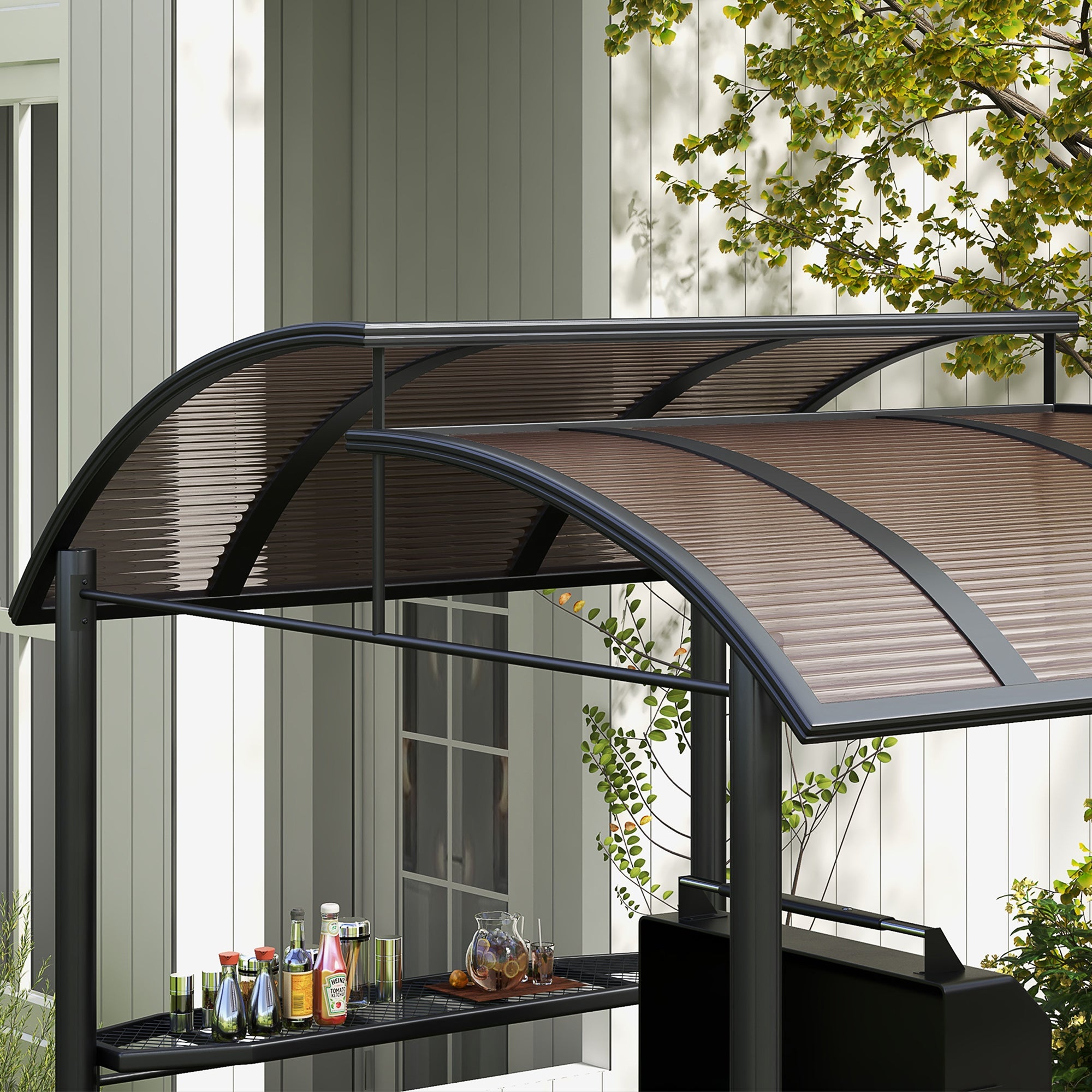 Grill Gazebo with Flame-Retardant Roof, BBQ Gazebo with 2 Shelves, Grill Canopy with UV Protection, Pergola for Garden, Balcony, Steel PC Dark Gray, 240 x 150 x 230 cm