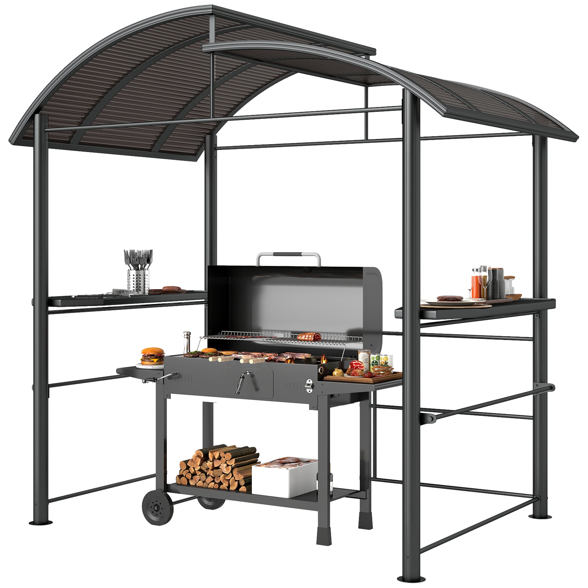 Grill Gazebo with Flame-Retardant Roof, BBQ Gazebo with 2 Shelves, Grill Canopy with UV Protection, Pergola for Garden, Balcony, Steel PC Dark Gray, 240 x 150 x 230 cm