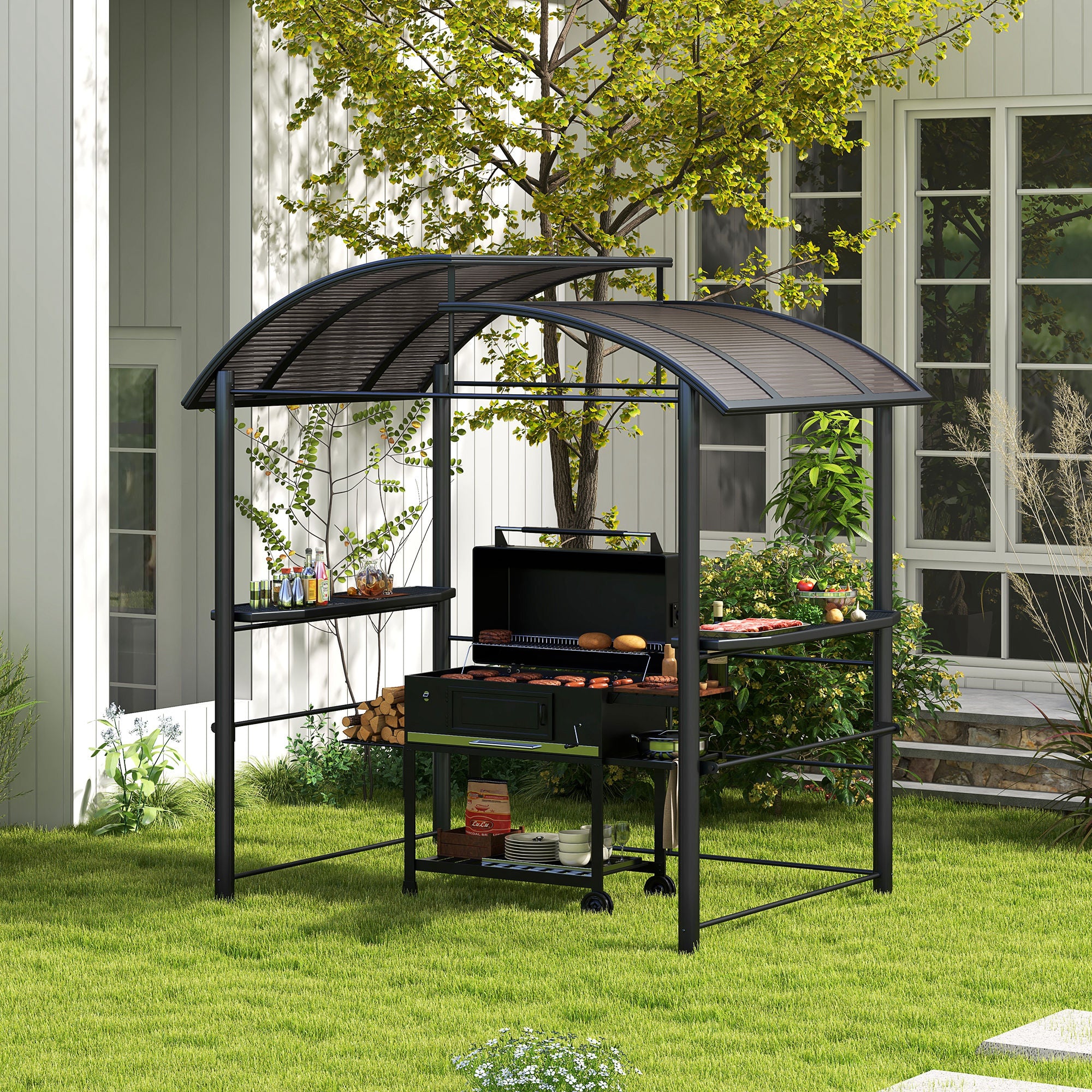 Grill Gazebo with Flame-Retardant Roof, BBQ Gazebo with 2 Shelves, Grill Canopy with UV Protection, Pergola for Garden, Balcony, Steel PC Dark Gray, 240 x 150 x 230 cm