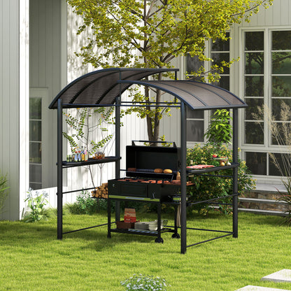 Grill Gazebo with Flame-Retardant Roof, BBQ Gazebo with 2 Shelves, Grill Canopy with UV Protection, Pergola for Garden, Balcony, Steel PC Dark Gray, 240 x 150 x 230 cm