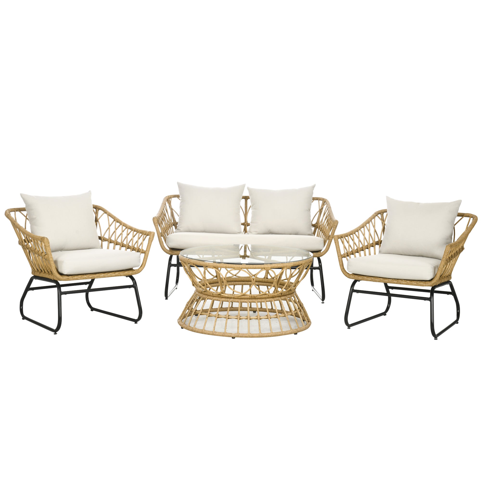 4-Piece Garden Set in Resin Wicker 2-Seater Sofa + 2 Armchairs + 1 Coffee Table with Tempered Glass Top 7 Cushions - Steel Frame - Sand and Cream
