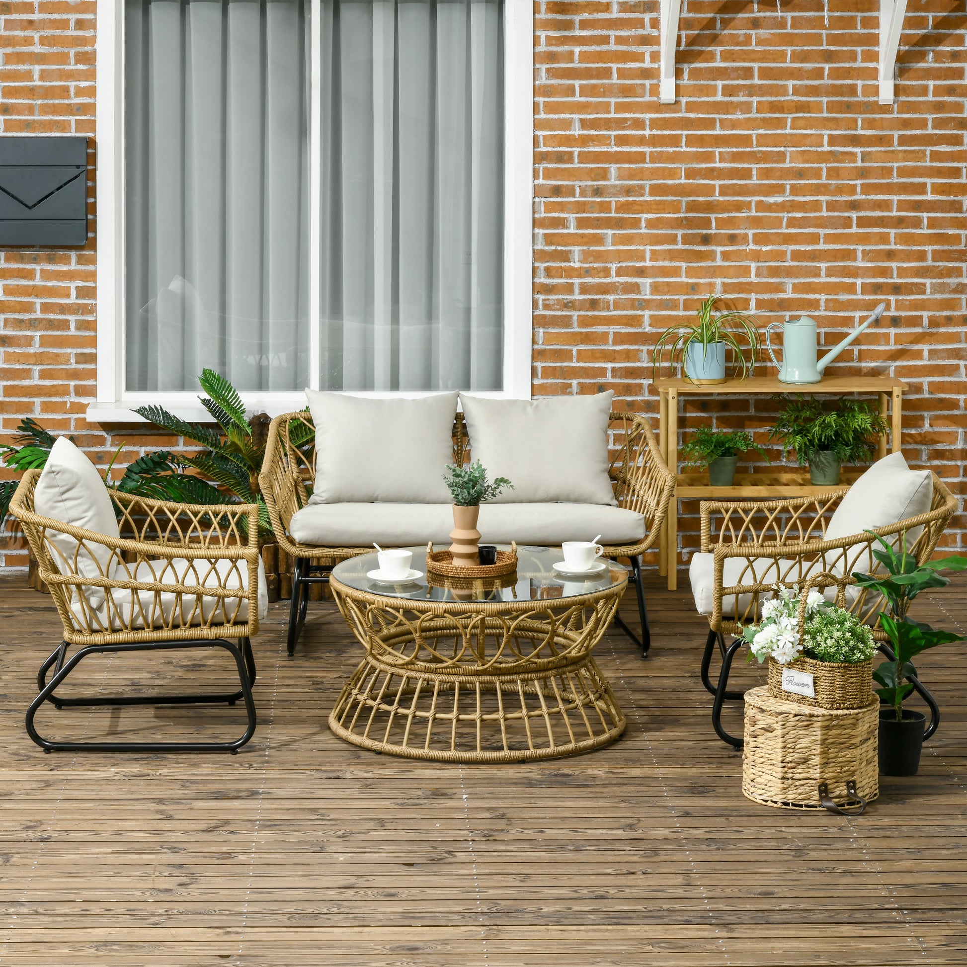4-Piece Garden Set in Resin Wicker 2-Seater Sofa + 2 Armchairs + 1 Coffee Table with Tempered Glass Top 7 Cushions - Steel Frame - Sand and Cream