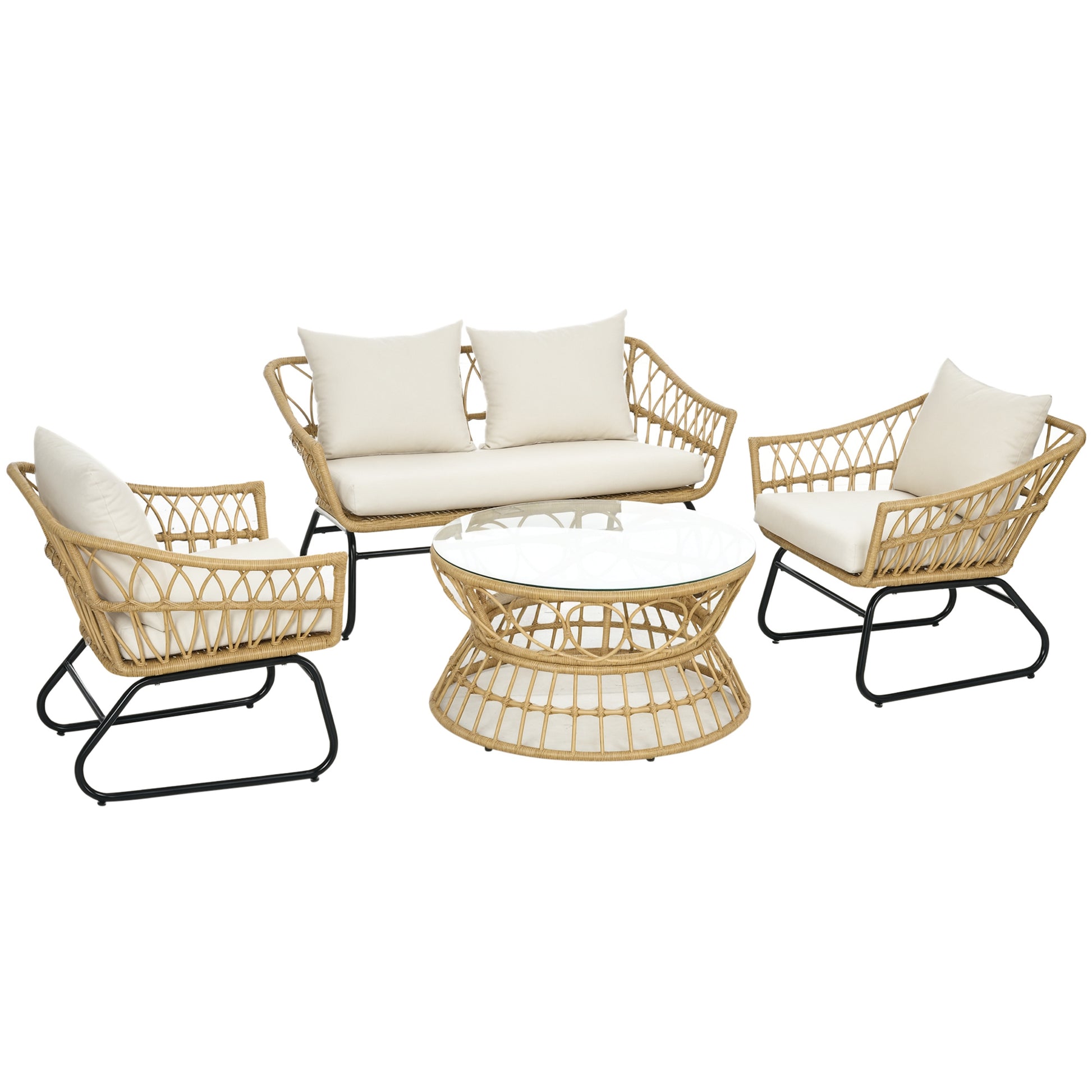 4-Piece Garden Set in Resin Wicker 2-Seater Sofa + 2 Armchairs + 1 Coffee Table with Tempered Glass Top 7 Cushions - Steel Frame - Sand and Cream