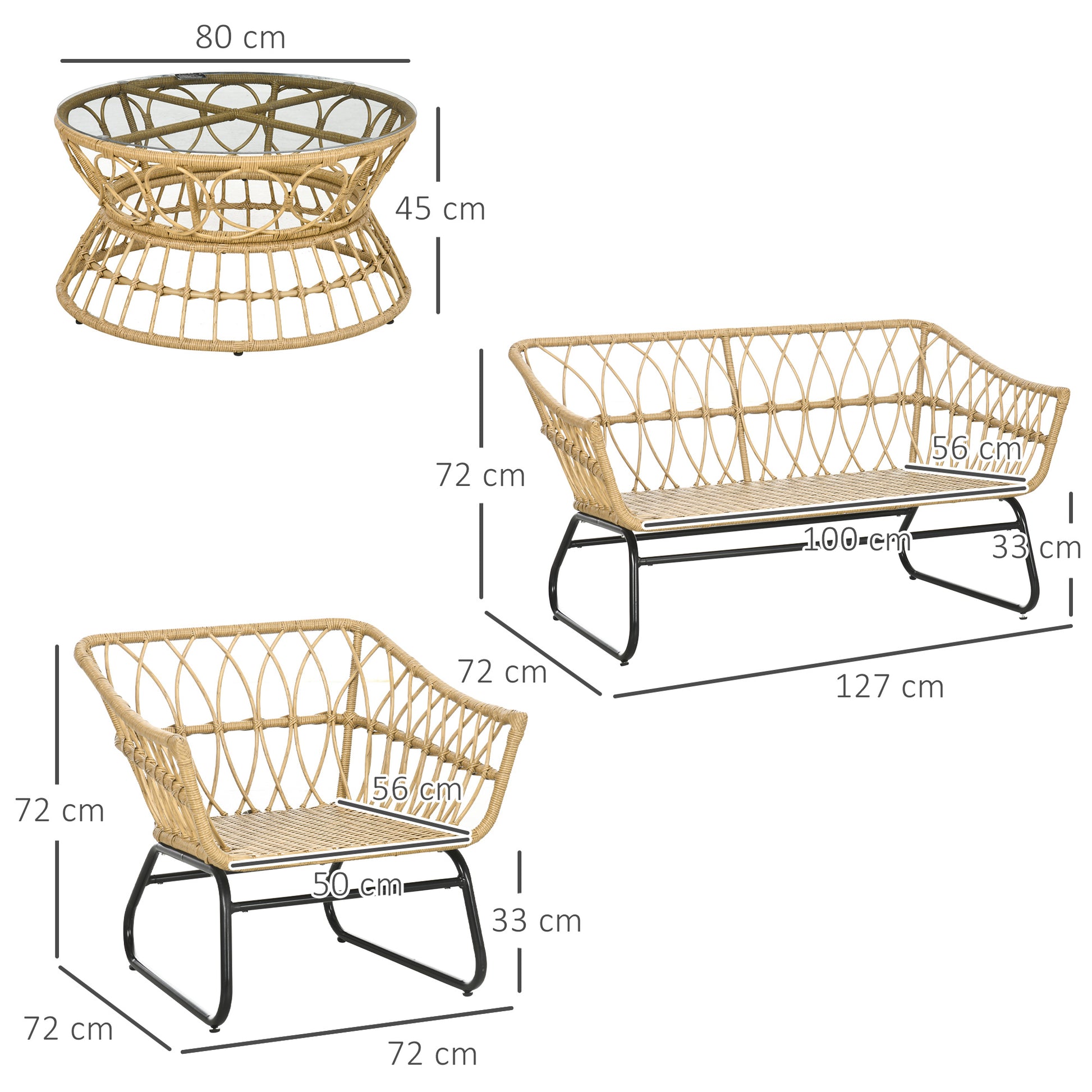 4-Piece Garden Set in Resin Wicker 2-Seater Sofa + 2 Armchairs + 1 Coffee Table with Tempered Glass Top 7 Cushions - Steel Frame - Sand and Cream