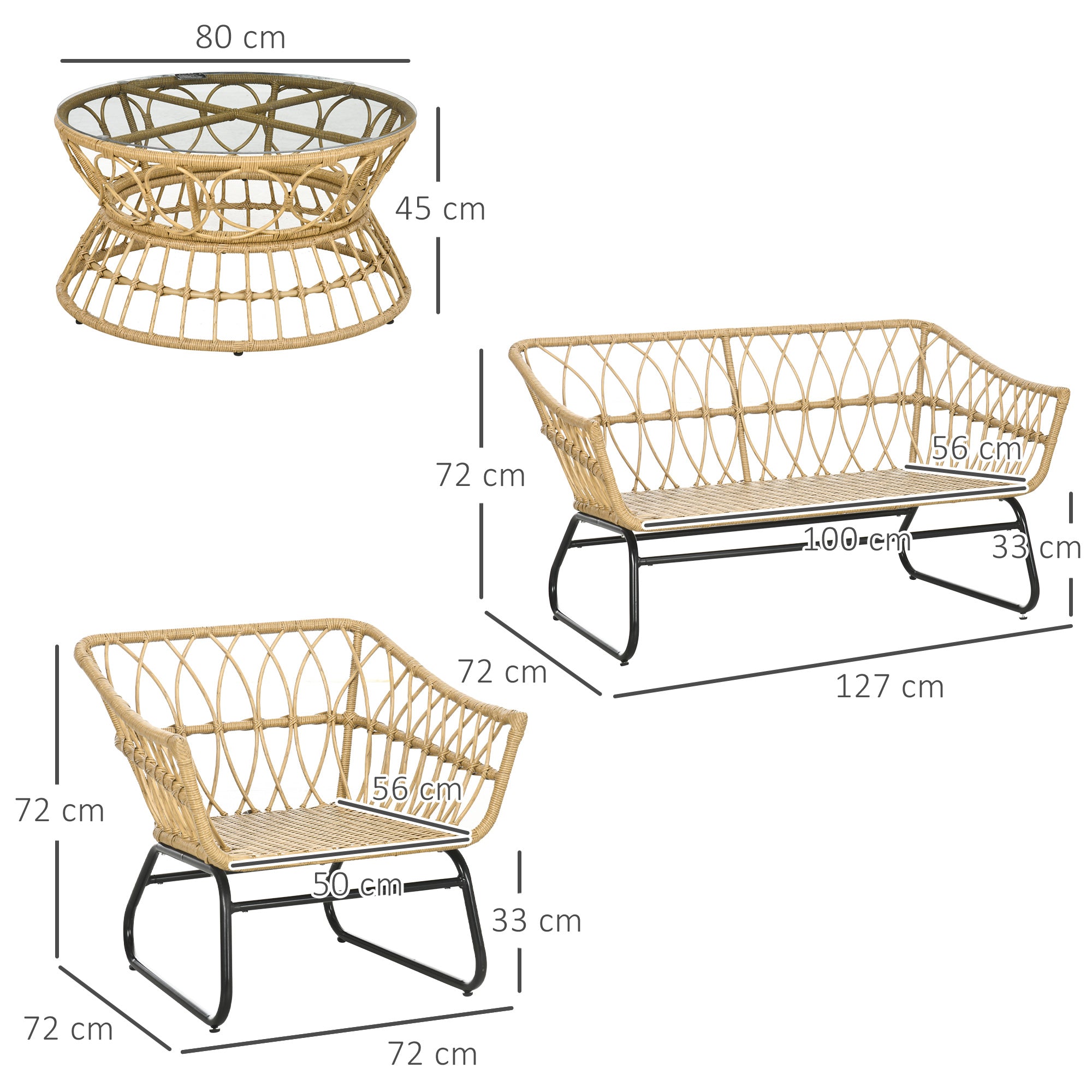 4-Piece Garden Set in Resin Wicker 2-Seater Sofa + 2 Armchairs + 1 Coffee Table with Tempered Glass Top 7 Cushions - Steel Frame - Sand and Cream