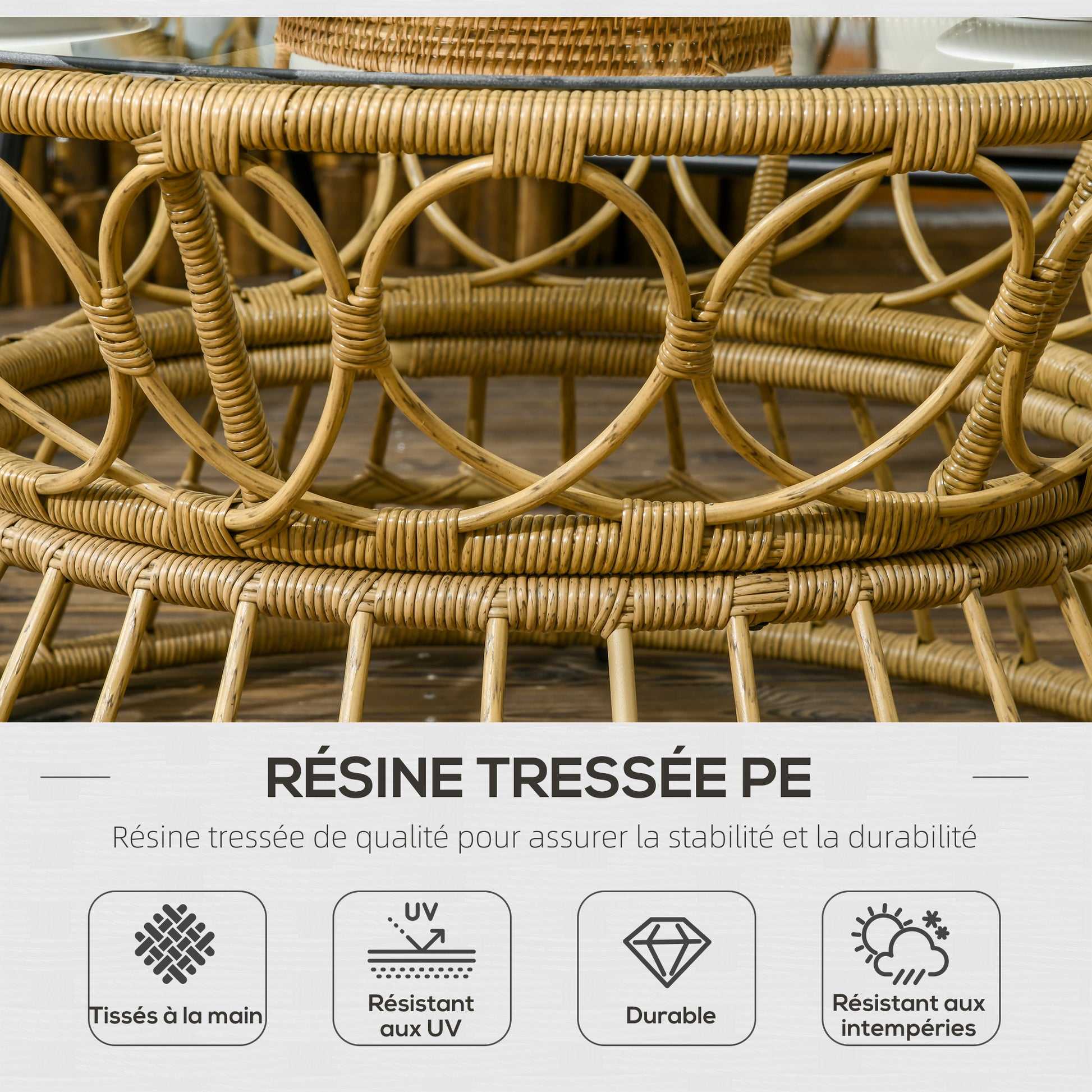 4-Piece Garden Set in Resin Wicker 2-Seater Sofa + 2 Armchairs + 1 Coffee Table with Tempered Glass Top 7 Cushions - Steel Frame - Sand and Cream