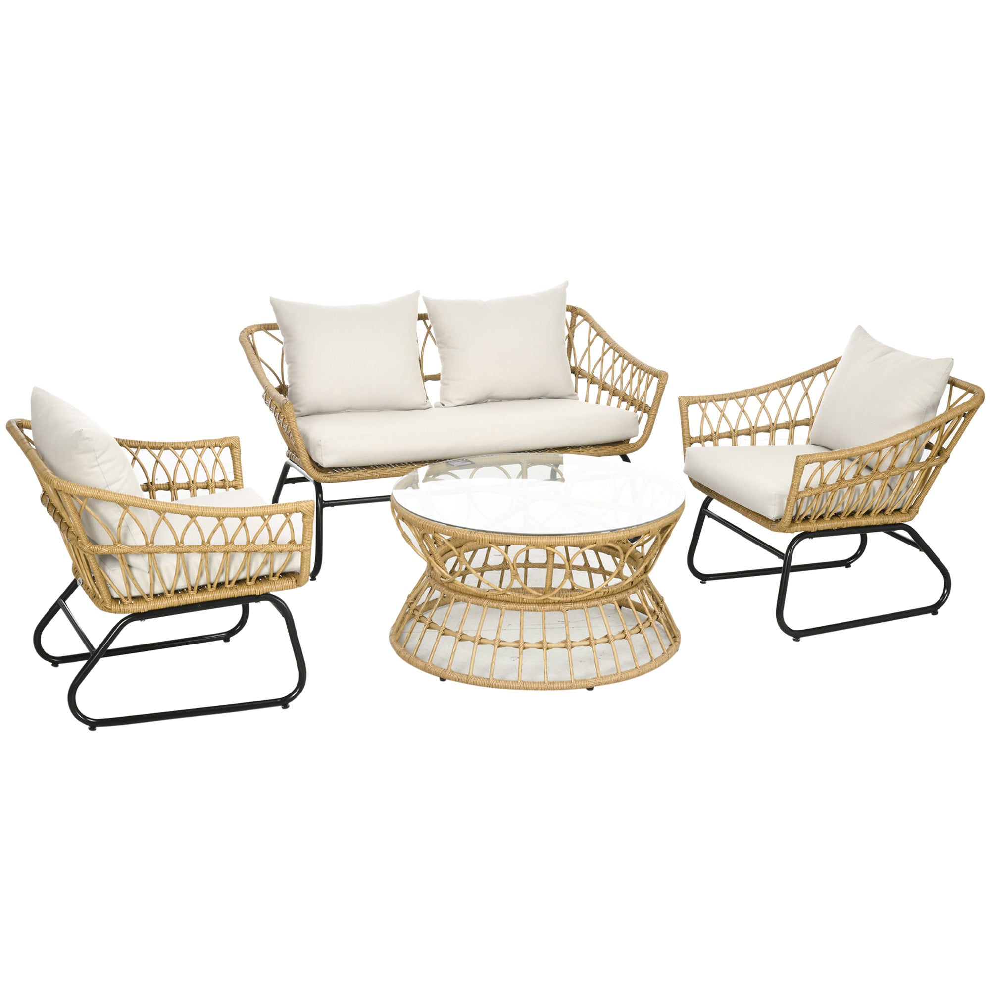 4-Piece Garden Set in Resin Wicker 2-Seater Sofa + 2 Armchairs + 1 Coffee Table with Tempered Glass Top 7 Cushions - Steel Frame - Sand and Cream