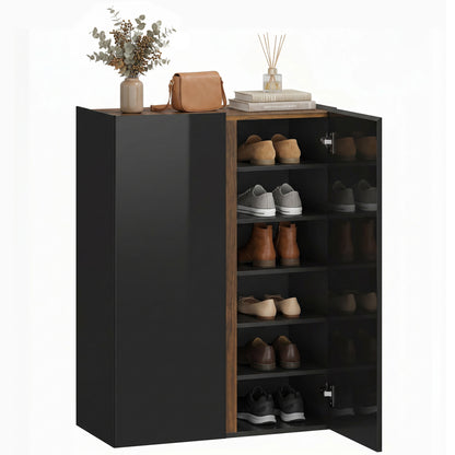 Shoe Cabinet with Soft-Close Safety Doors, 6-Tier Storage for up to 18 Pairs, Handleless Design, High-Gloss Black