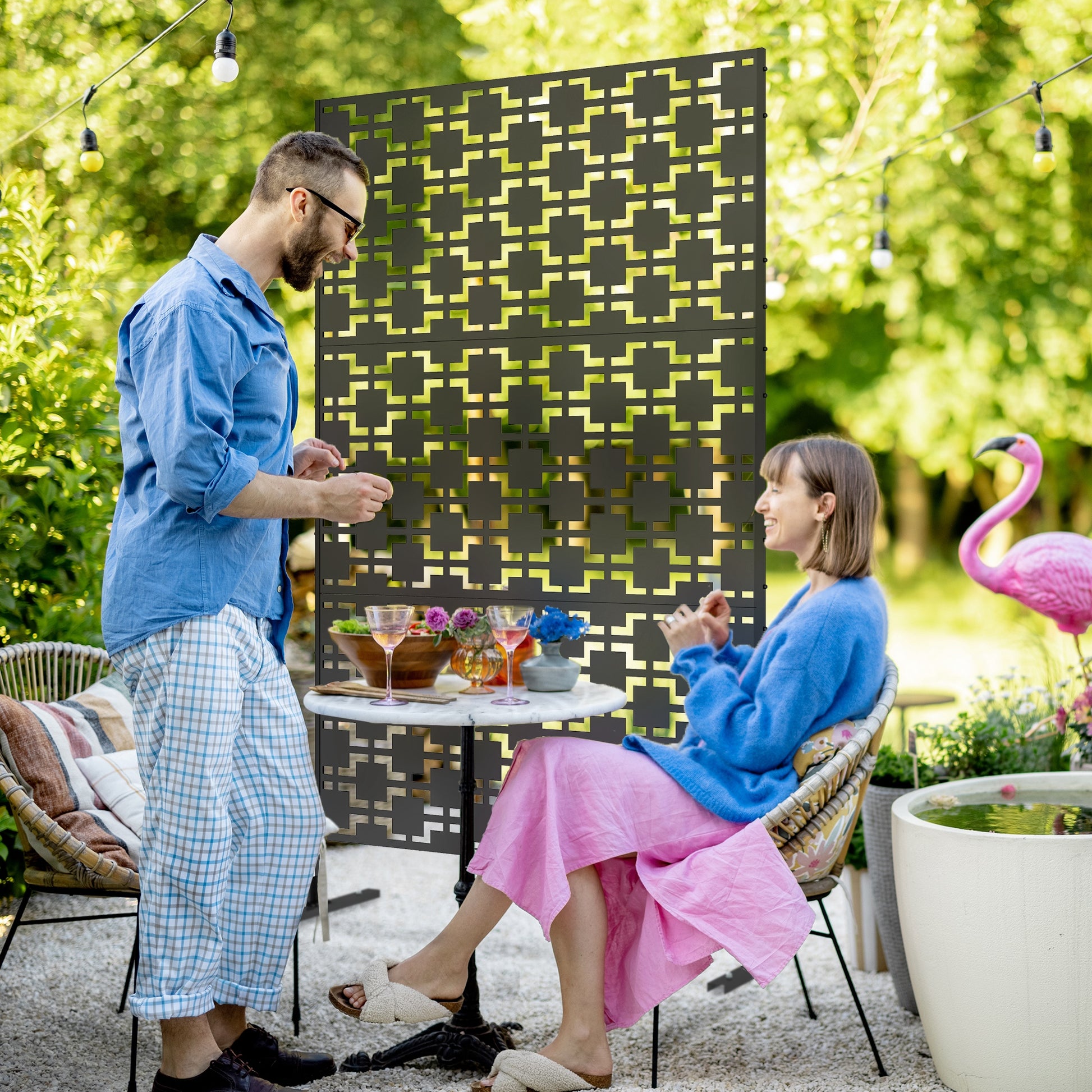 Decorative Garden Panel Outdoor Partition with Geometric Metal Cutout Design - 122 x 45 x 198 cm, black