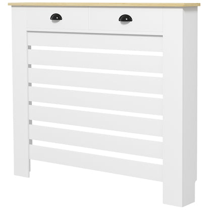 Radiator Cover, Radiator Screen, Horizontal Slat Grid, with 2 Drawers, for Living Room, Bedroom, Hallway, in Wood, 111 x 19 x 95.5 cm, White