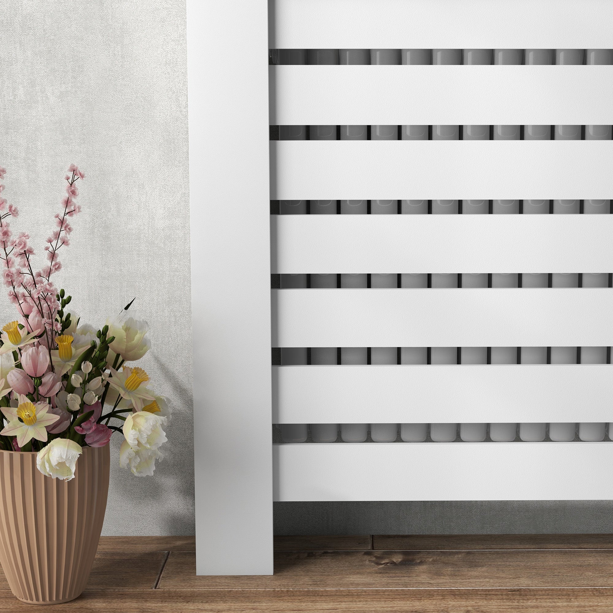 Radiator Cover, Radiator Screen, Horizontal Slat Grid, with 2 Drawers, for Living Room, Bedroom, Hallway, in Wood, 111 x 19 x 95.5 cm, White