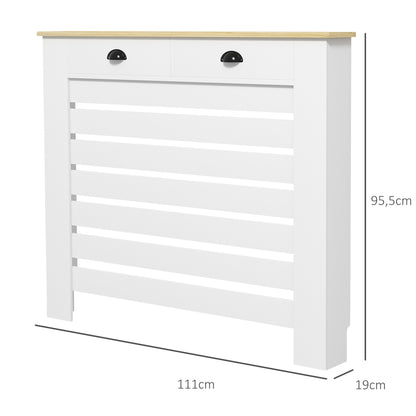 Radiator Cover, Radiator Screen, Horizontal Slat Grid, with 2 Drawers, for Living Room, Bedroom, Hallway, in Wood, 111 x 19 x 95.5 cm, White