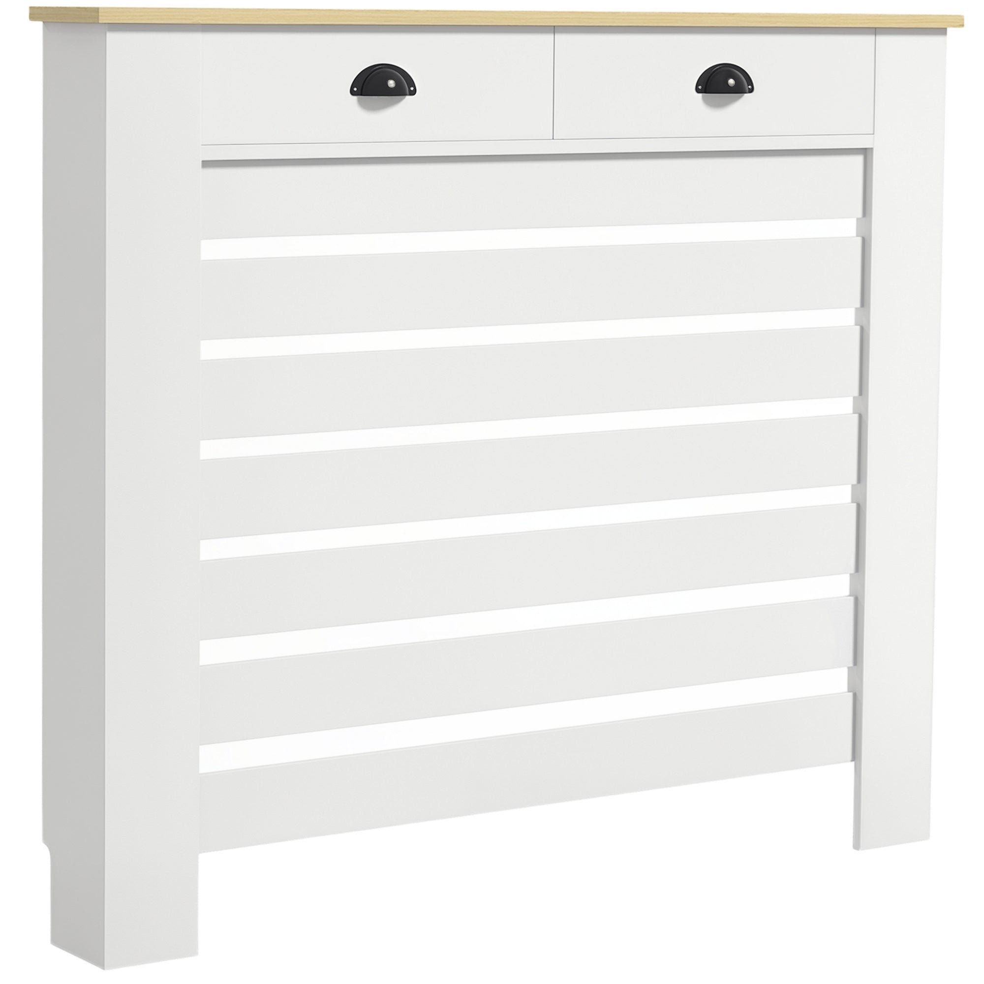 Radiator Cover, Radiator Screen, Horizontal Slat Grid, with 2 Drawers, for Living Room, Bedroom, Hallway, in Wood, 111 x 19 x 95.5 cm, White
