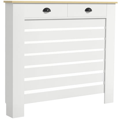 Radiator Cover, Radiator Screen, Horizontal Slat Grid, with 2 Drawers, for Living Room, Bedroom, Hallway, in Wood, 111 x 19 x 95.5 cm, White
