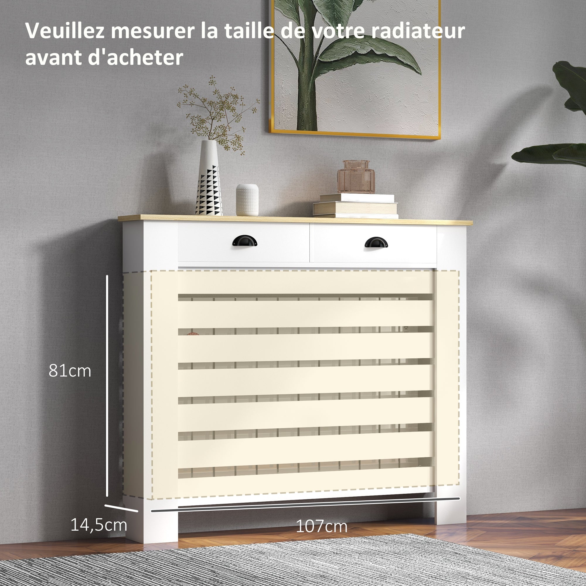 Radiator Cover, Radiator Screen, Horizontal Slat Grid, with 2 Drawers, for Living Room, Bedroom, Hallway, in Wood, 111 x 19 x 95.5 cm, White