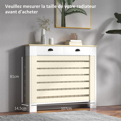 Radiator Cover, Radiator Screen, Horizontal Slat Grid, with 2 Drawers, for Living Room, Bedroom, Hallway, in Wood, 111 x 19 x 95.5 cm, White