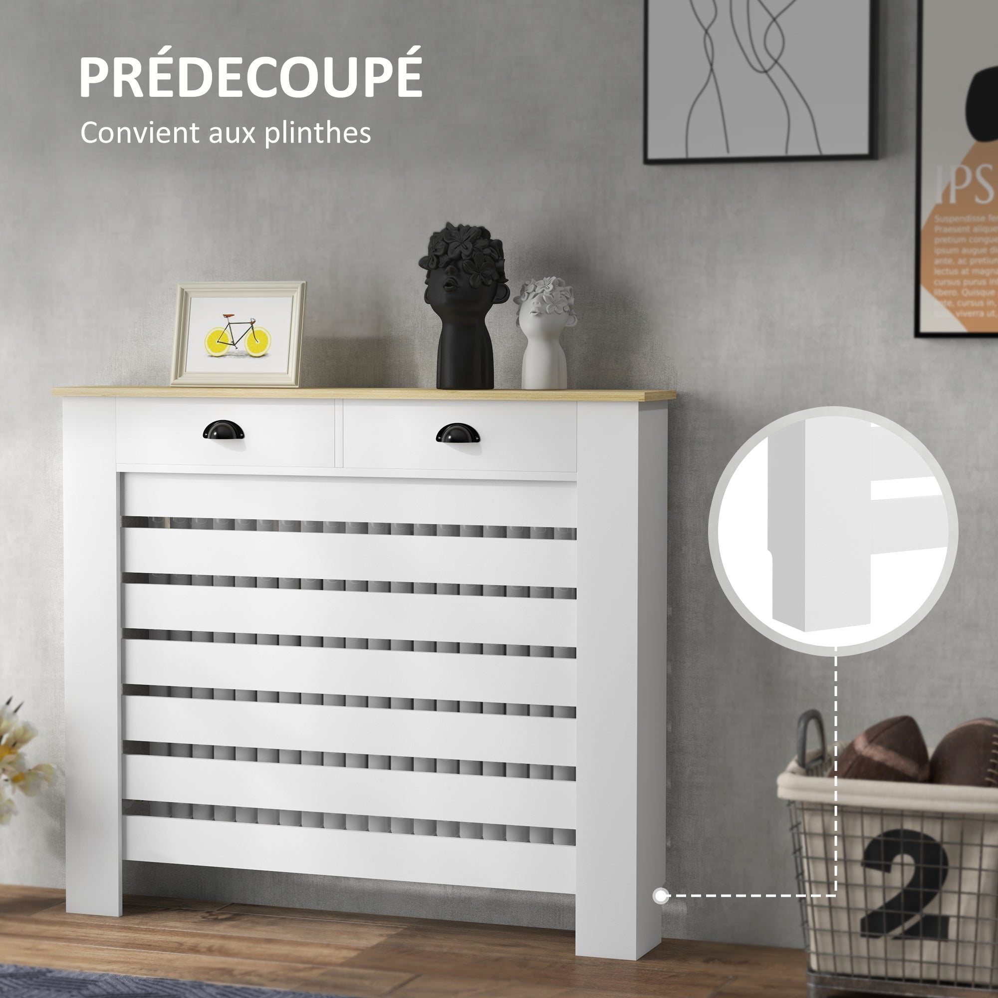 Radiator Cover, Radiator Screen, Horizontal Slat Grid, with 2 Drawers, for Living Room, Bedroom, Hallway, in Wood, 111 x 19 x 95.5 cm, White