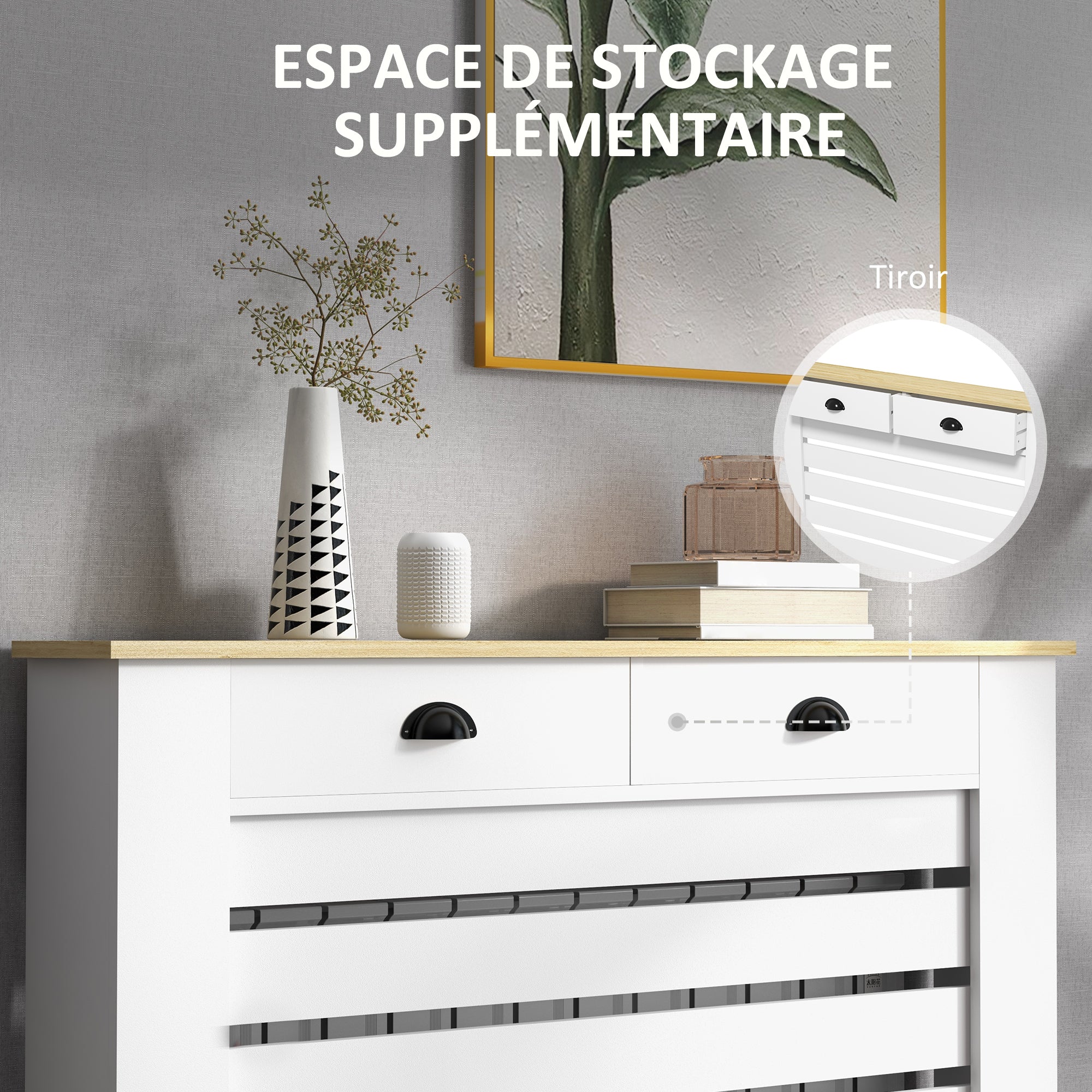 Radiator Cover, Radiator Screen, Horizontal Slat Grid, with 2 Drawers, for Living Room, Bedroom, Hallway, in Wood, 111 x 19 x 95.5 cm, White