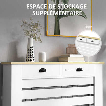 Radiator Cover, Radiator Screen, Horizontal Slat Grid, with 2 Drawers, for Living Room, Bedroom, Hallway, in Wood, 111 x 19 x 95.5 cm, White