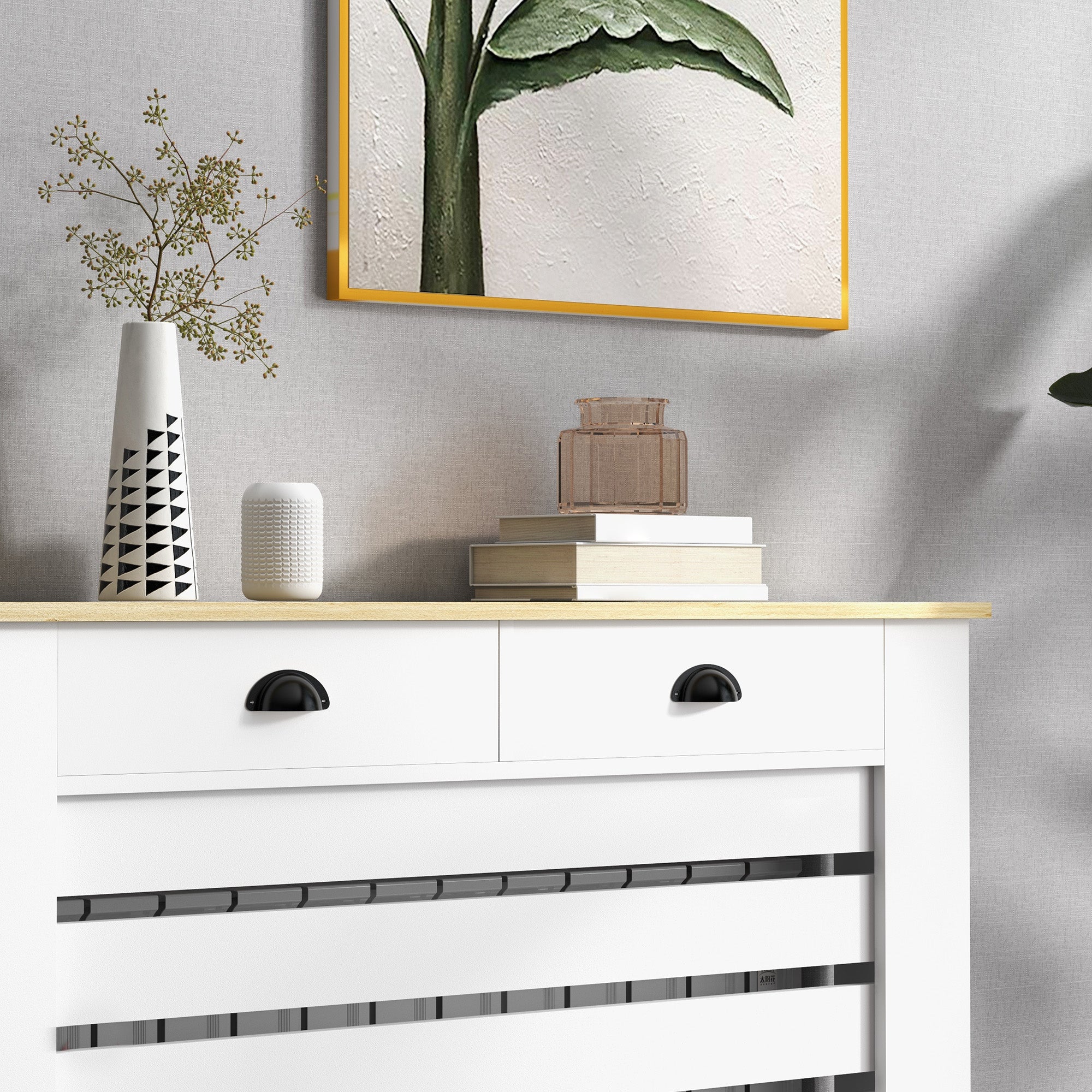 Radiator Cover, Radiator Screen, Horizontal Slat Grid, with 2 Drawers, for Living Room, Bedroom, Hallway, in Wood, 111 x 19 x 95.5 cm, White
