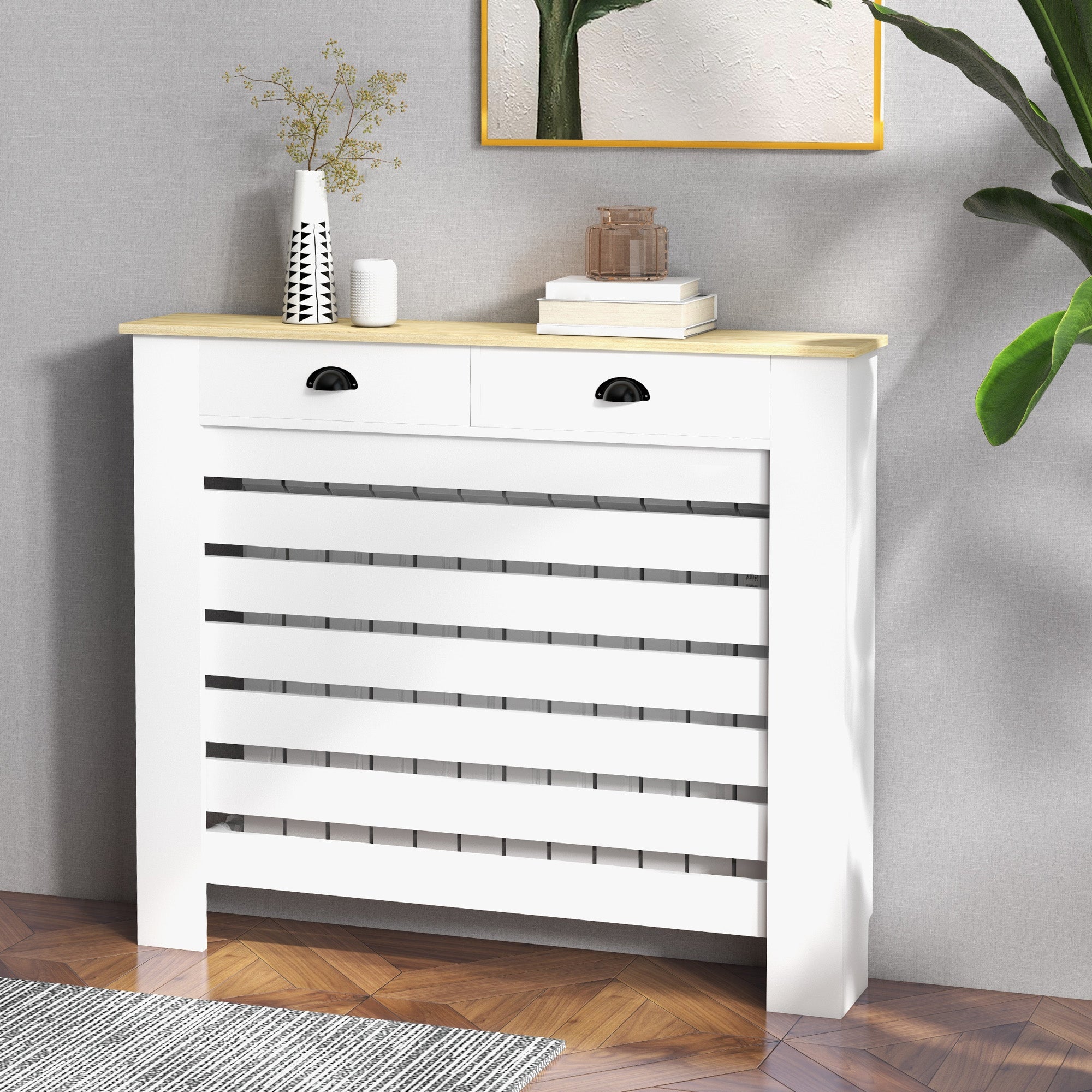 Radiator Cover, Radiator Screen, Horizontal Slat Grid, with 2 Drawers, for Living Room, Bedroom, Hallway, in Wood, 111 x 19 x 95.5 cm, White