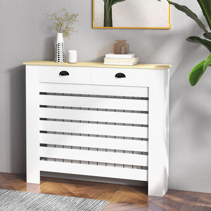 Radiator Cover, Radiator Screen, Horizontal Slat Grid, with 2 Drawers, for Living Room, Bedroom, Hallway, in Wood, 111 x 19 x 95.5 cm, White