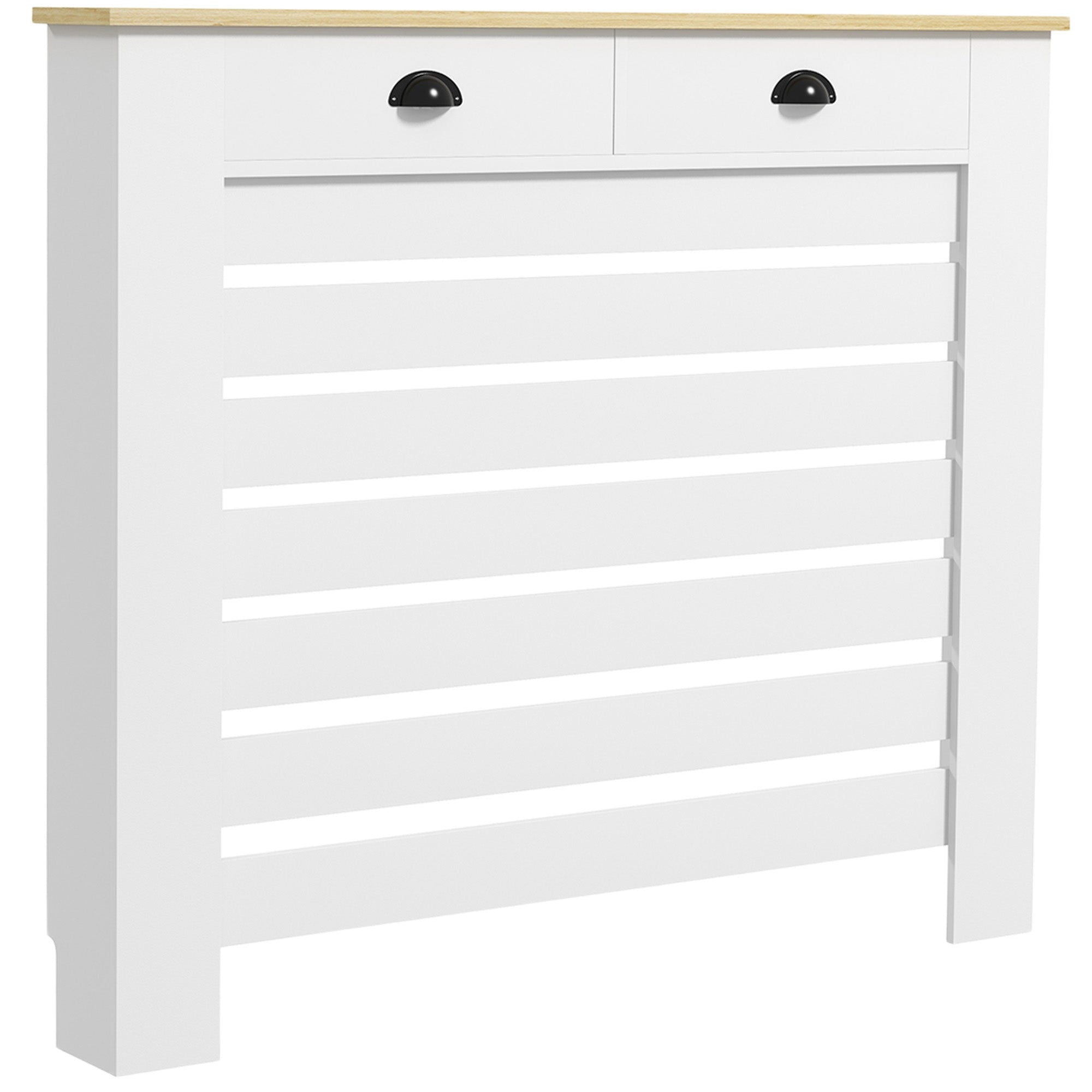 Radiator Cover, Radiator Screen, Horizontal Slat Grid, with 2 Drawers, for Living Room, Bedroom, Hallway, in Wood, 111 x 19 x 95.5 cm, White