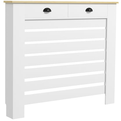 Radiator Cover, Radiator Screen, Horizontal Slat Grid, with 2 Drawers, for Living Room, Bedroom, Hallway, in Wood, 111 x 19 x 95.5 cm, White