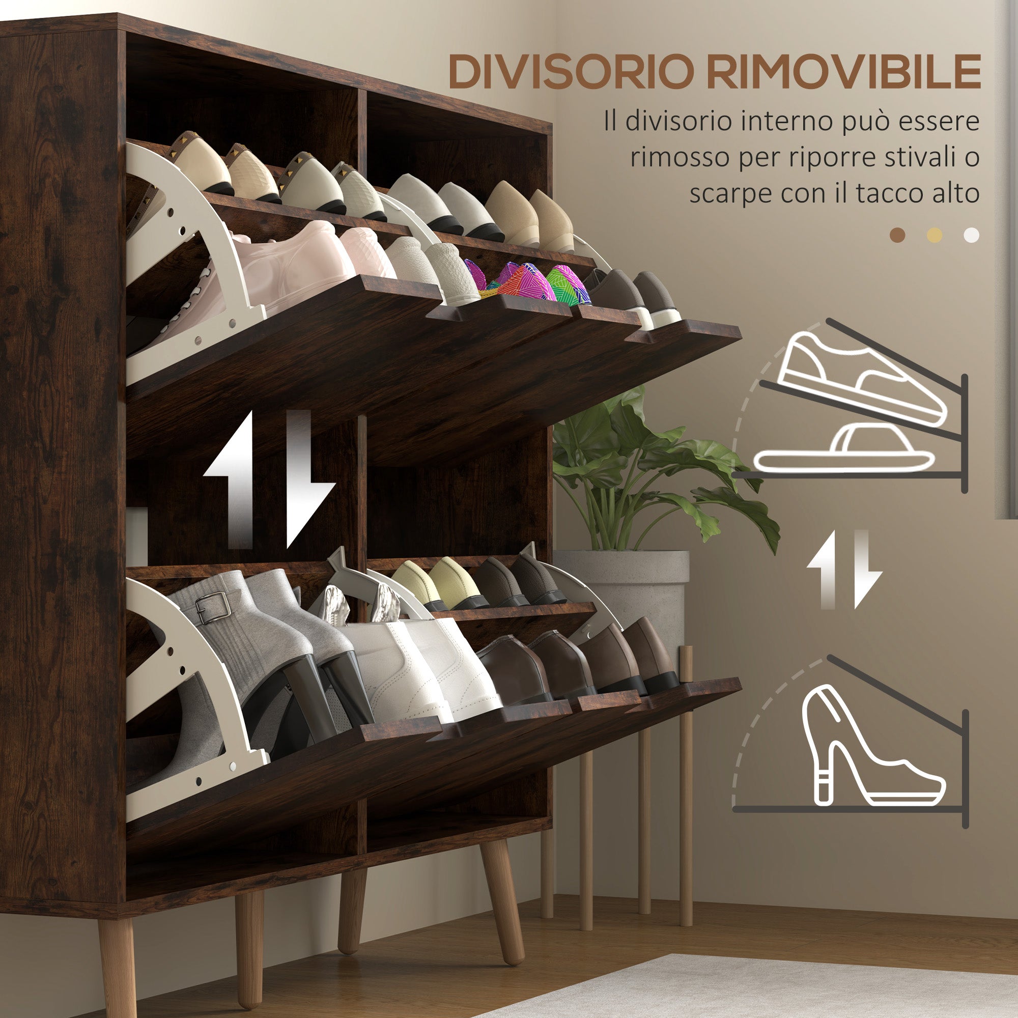 Entry Shoe Cabinet with 4 Flip-Top Drawers, 2 Levels for 16 Pairs of Shoes, Space-Saving Shoe Cabinet with Adjustable Shelves in Chipboard and Pine Wood, 95x26x95 cm, Brown