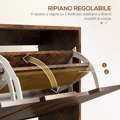 Entry Shoe Cabinet with 4 Flip-Top Drawers, 2 Levels for 16 Pairs of Shoes, Space-Saving Shoe Cabinet with Adjustable Shelves in Chipboard and Pine Wood, 95x26x95 cm, Brown