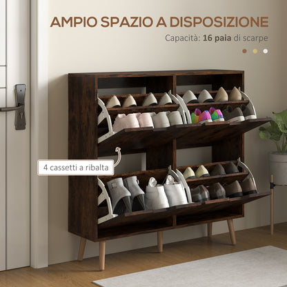 Entry Shoe Cabinet with 4 Flip-Top Drawers, 2 Levels for 16 Pairs of Shoes, Space-Saving Shoe Cabinet with Adjustable Shelves in Chipboard and Pine Wood, 95x26x95 cm, Brown