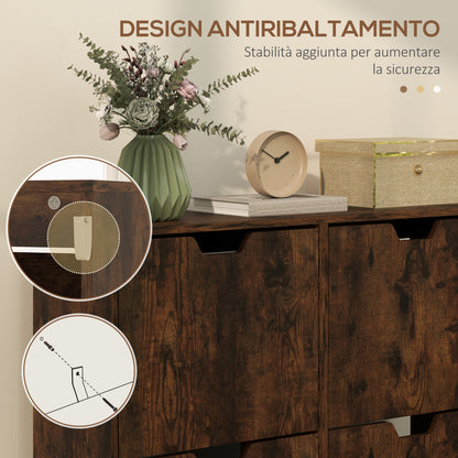 Entry Shoe Cabinet with 4 Flip-Top Drawers, 2 Levels for 16 Pairs of Shoes, Space-Saving Shoe Cabinet with Adjustable Shelves in Chipboard and Pine Wood, 95x26x95 cm, Brown