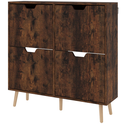 Entry Shoe Cabinet with 4 Flip-Top Drawers, 2 Levels for 16 Pairs of Shoes, Space-Saving Shoe Cabinet with Adjustable Shelves in Chipboard and Pine Wood, 95x26x95 cm, Brown